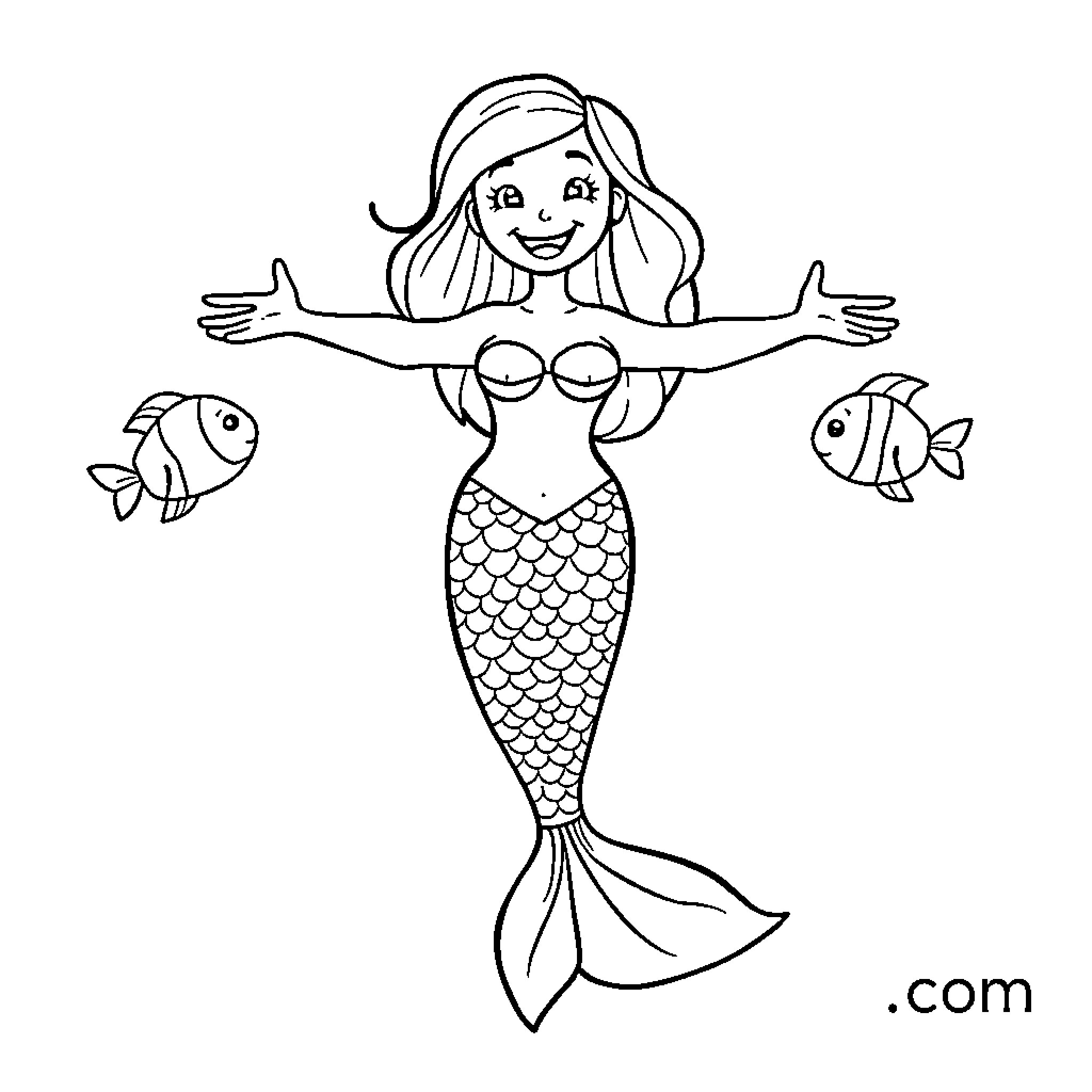 Mermaid with Playful Fish Companions Coloring Page (free black-and-white line drawing printable PDF for all, from beginners to advanced learners, including children, teens, adults, and seniors)