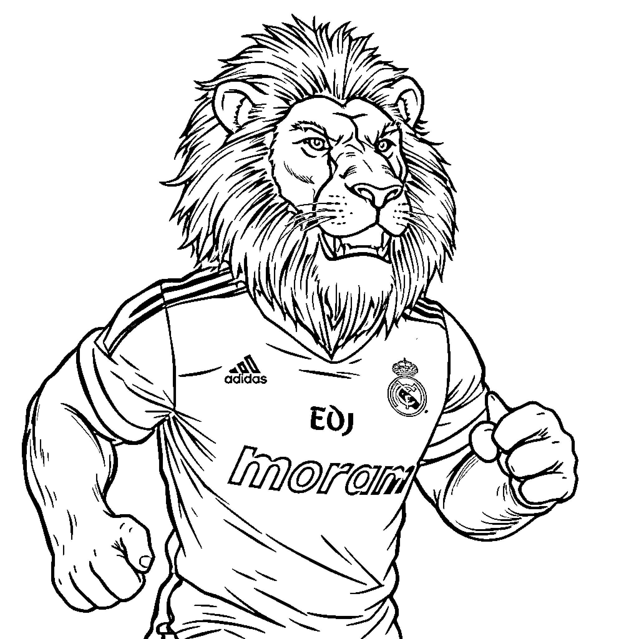 Lion in sporting jersey flexing muscles Coloring Page (free black-and-white line drawing printable PDF for all, from beginners to advanced learners, including children, teens, adults, and seniors)