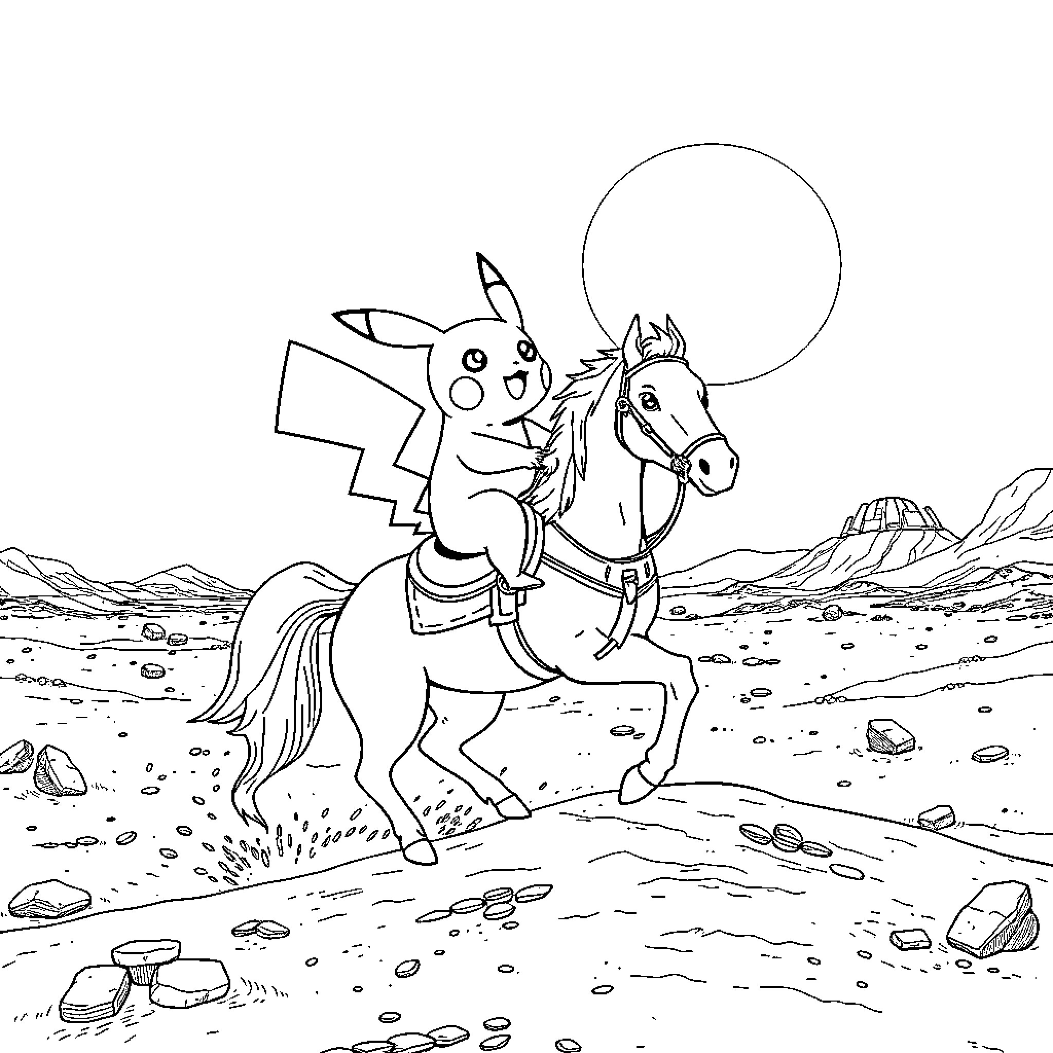 Pikachu riding a horse in the desert Coloring Page (free black-and-white line drawing printable PDF for all, from beginners to advanced learners, including children, teens, adults, and seniors)