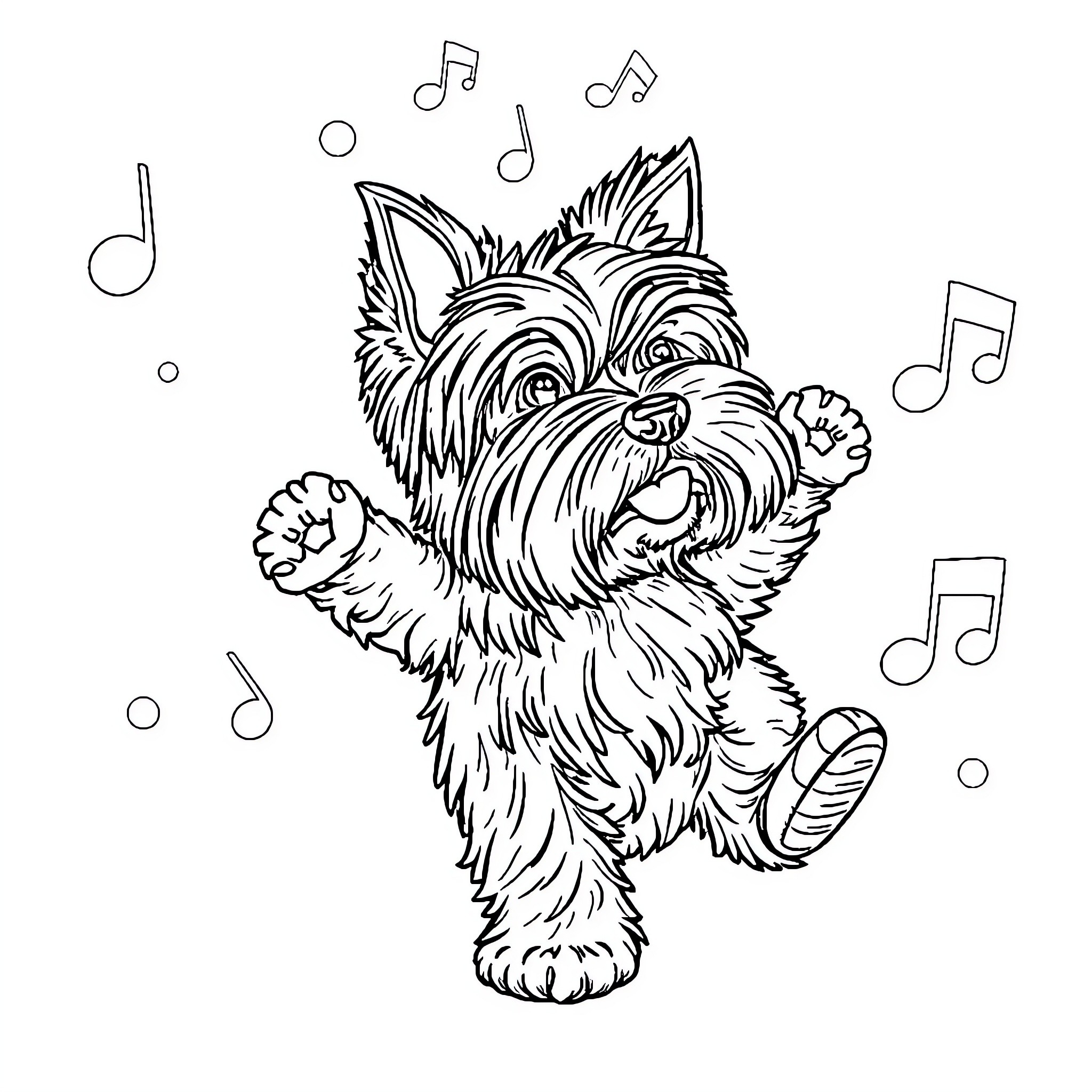 Yorkshire Dog dancing to musical notes Coloring Page (free black-and-white line drawing printable PDF for all, from beginners to advanced learners, including children, teens, adults, and seniors)