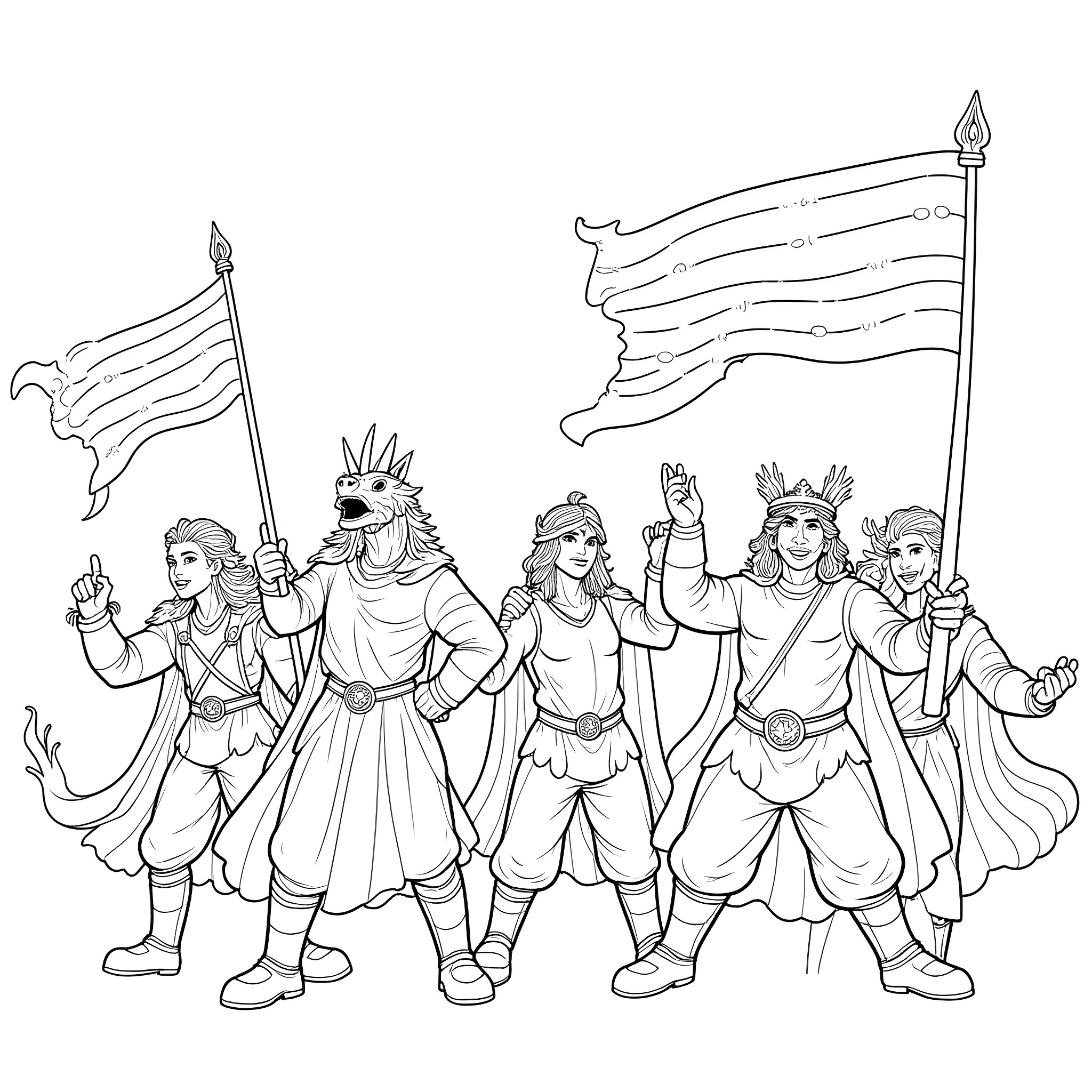 Pride Parade with Diverse Celebrations and Expressions Coloring Page (free black-and-white line drawing printable PDF for all, from beginners to advanced learners, including children, teens, adults, and seniors)