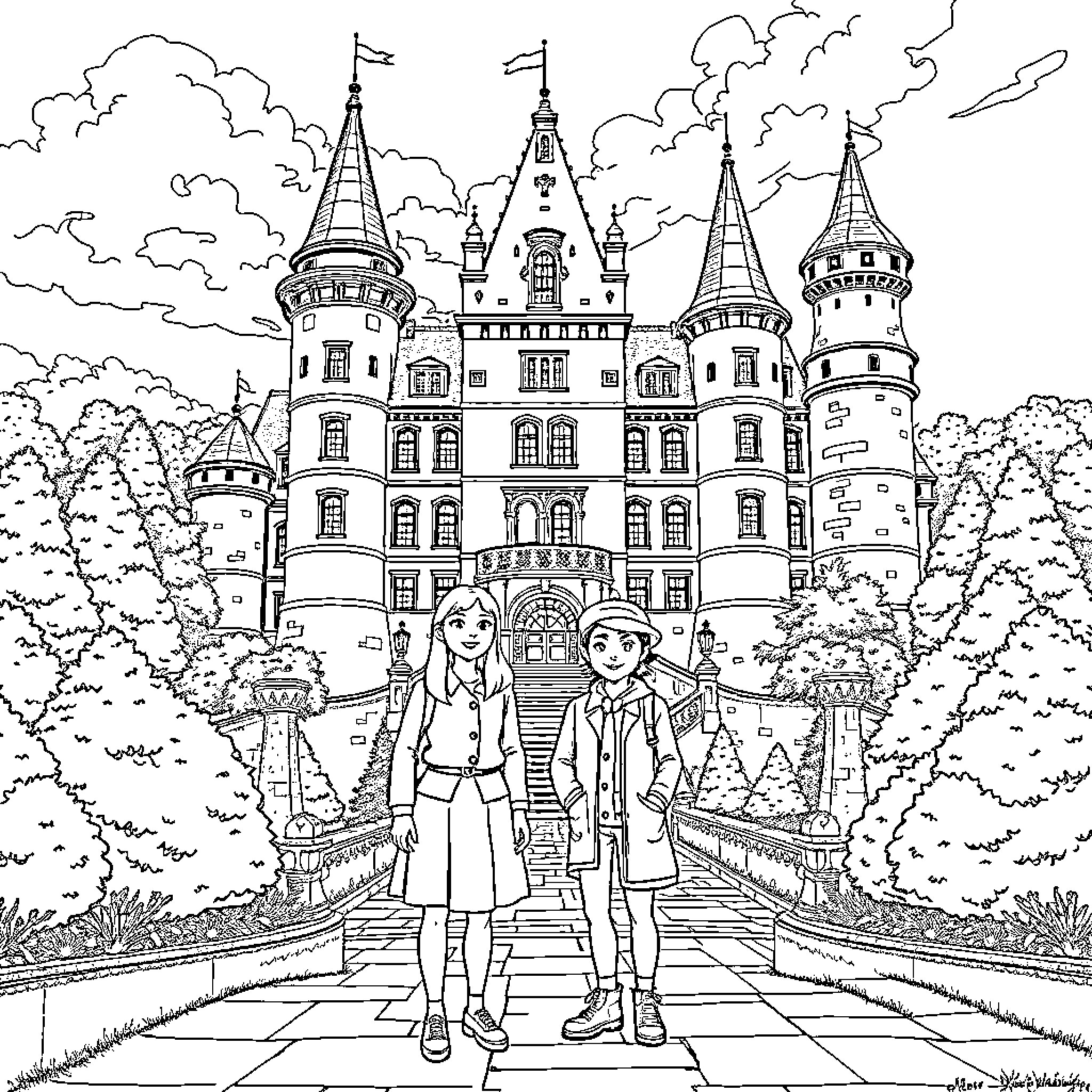 Bibi Blocksberg and her friend explore the enchanting castle Coloring Page (free black-and-white line drawing printable PDF for all, from beginners to advanced learners, including children, teens, adults, and seniors)