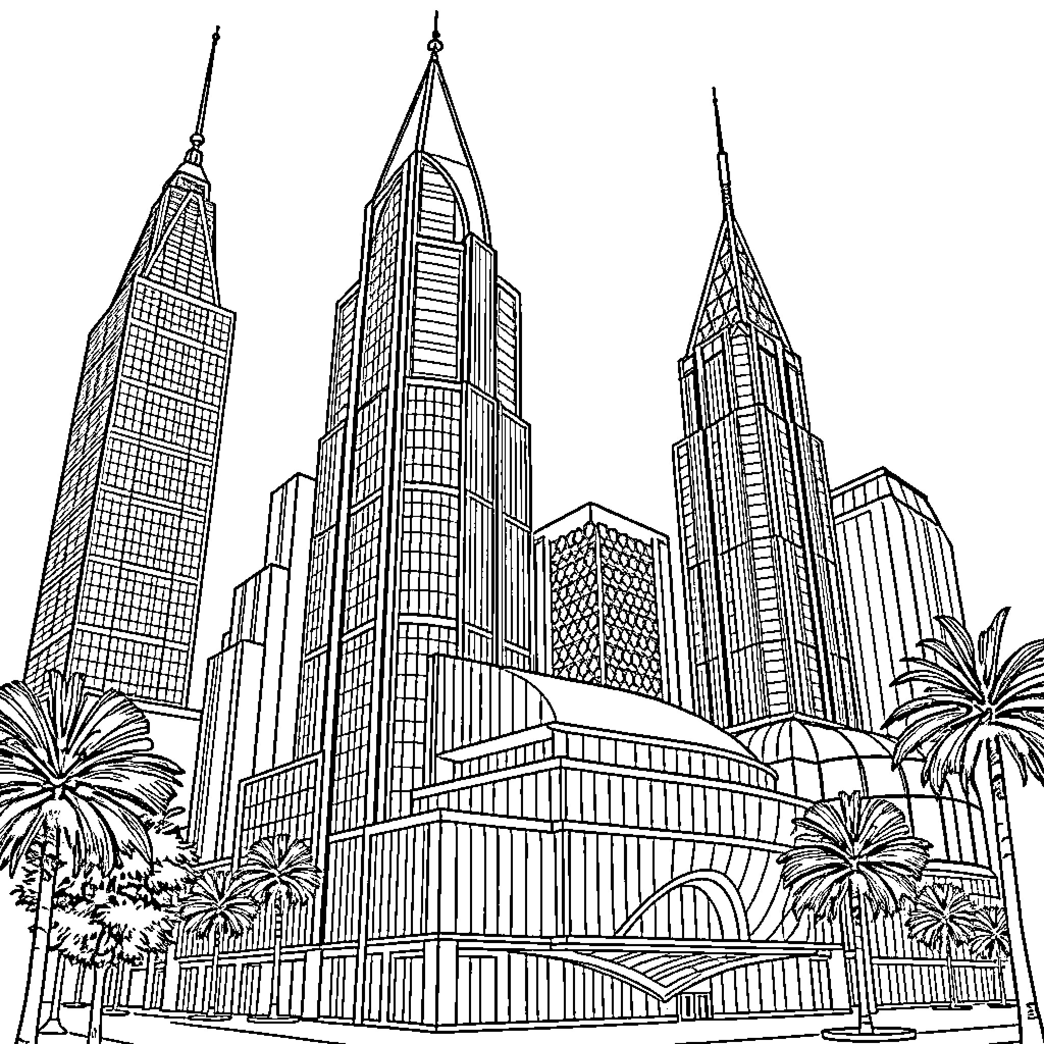 Architecture of towering skyscrapers in a cityscape Coloring Page (free black-and-white line drawing printable PDF for all, from beginners to advanced learners, including children, teens, adults, and seniors)