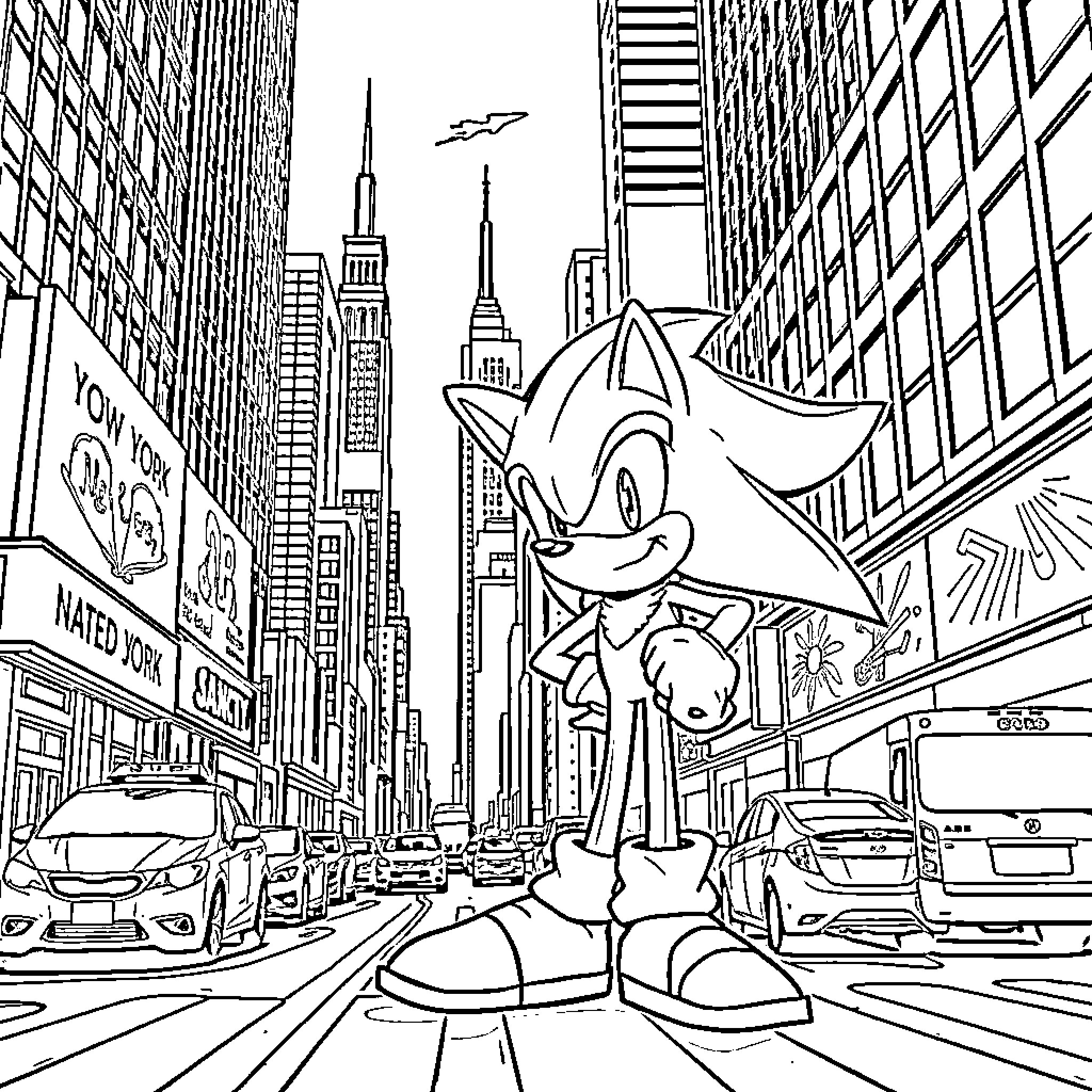 Shadow of a Playful Character in the City Coloring Page (free black-and-white line drawing printable PDF for all, from beginners to advanced learners, including children, teens, adults, and seniors)