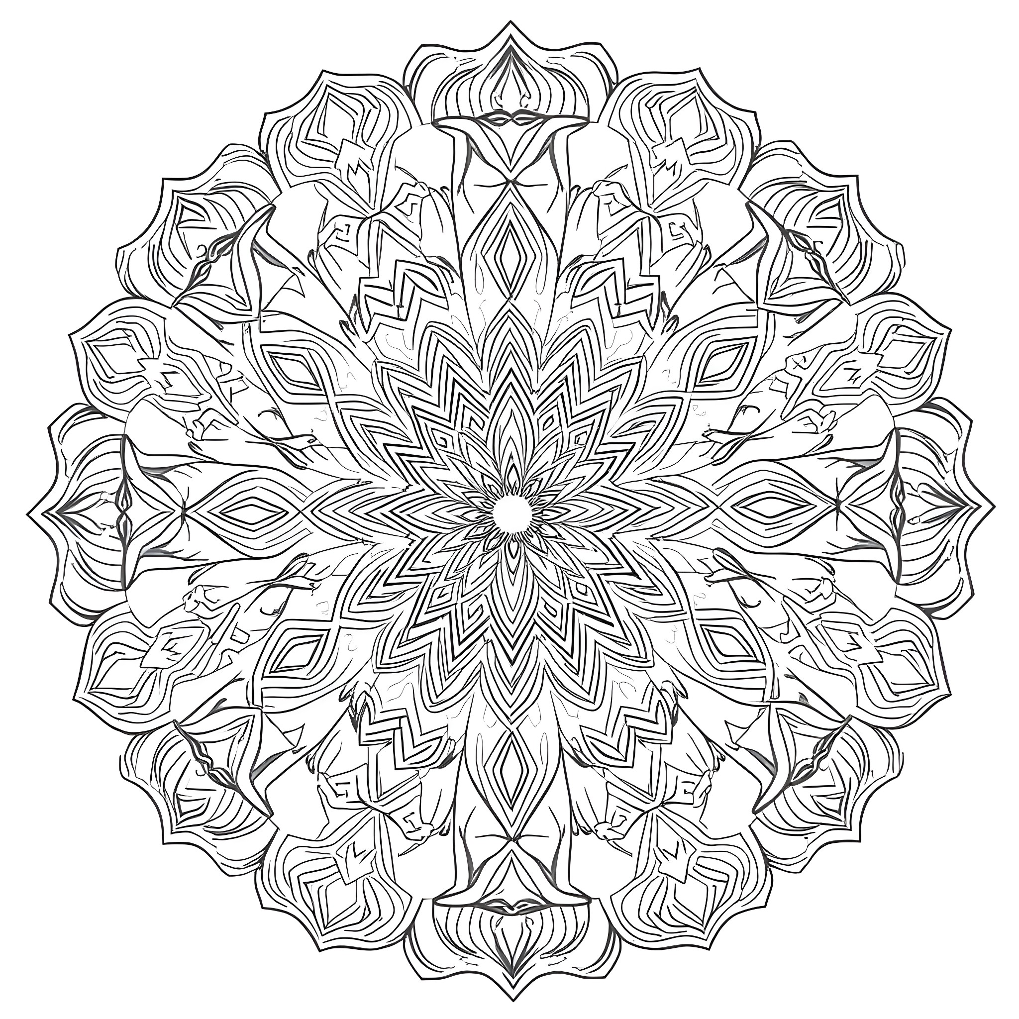 Mandala with intricate floral and geometric designs Coloring Page (free black-and-white line drawing printable PDF for all, from beginners to advanced learners, including children, teens, adults, and seniors)