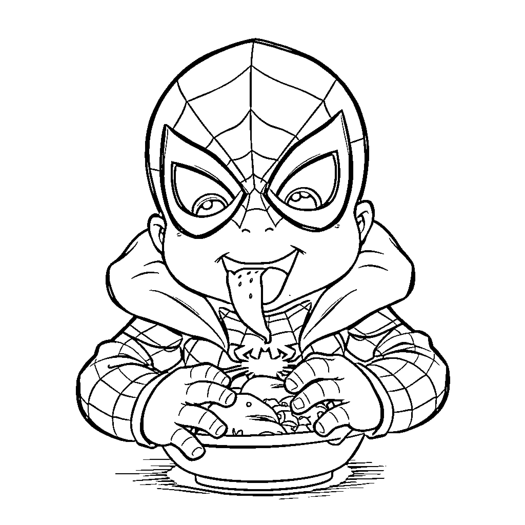 Spiderman enjoying a tasty treat Coloring Page (free black-and-white line drawing printable PDF for all, from beginners to advanced learners, including children, teens, adults, and seniors)
