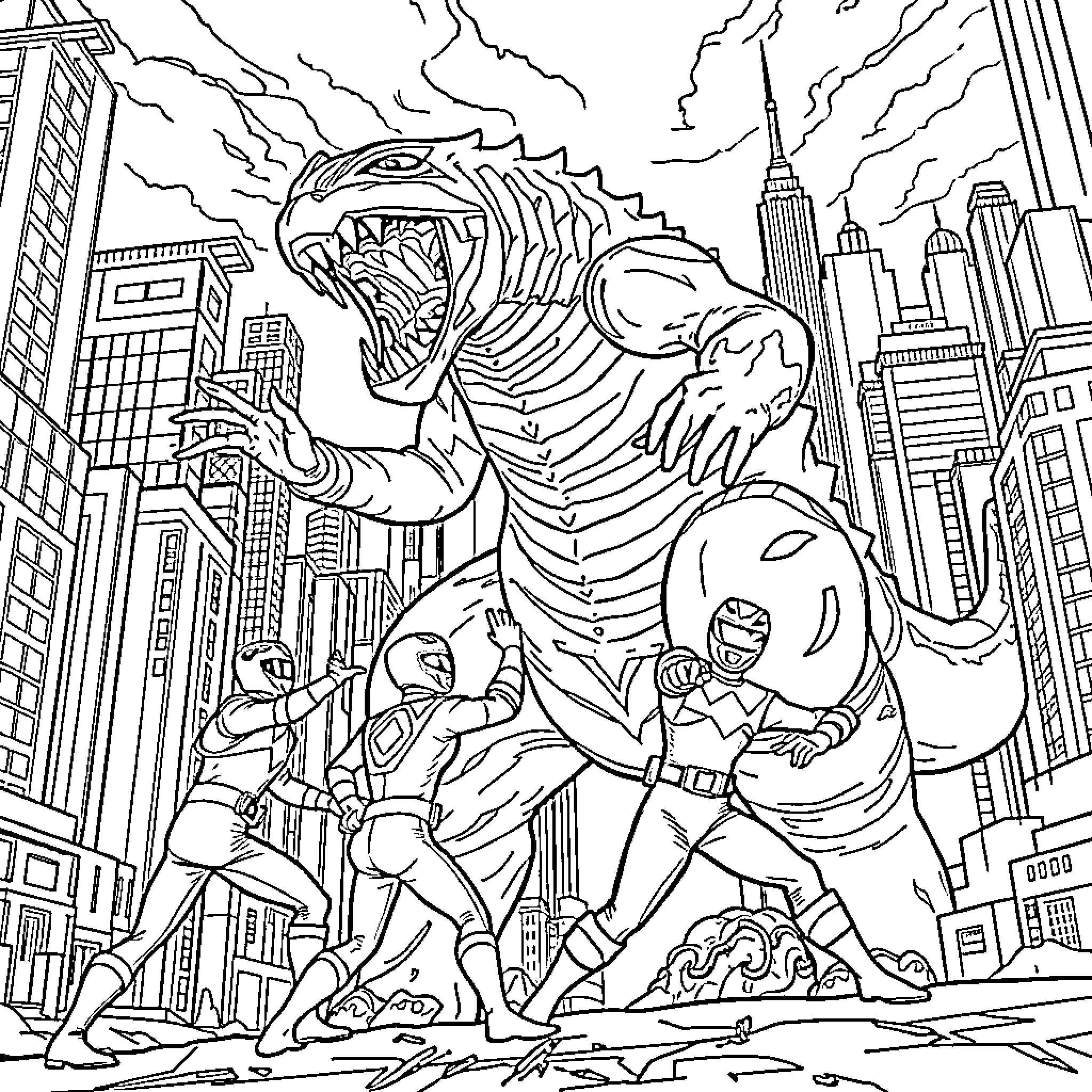Power Ranger Heroic Showdown in the City Coloring Page (free black-and-white line drawing printable PDF for all, from beginners to advanced learners, including children, teens, adults, and seniors)