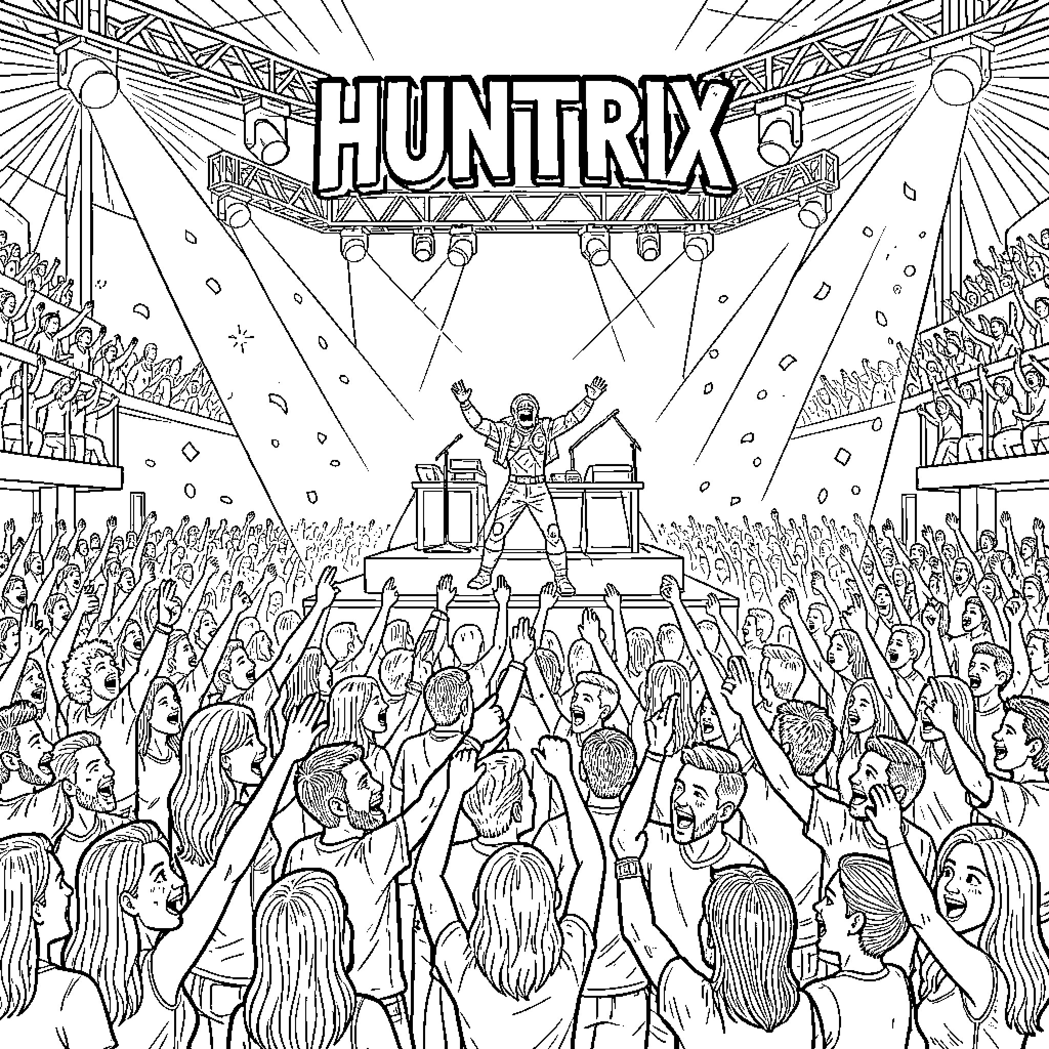 Huntrix: Energetic Musical Performance in a Lively Crowd Coloring Page (free black-and-white line drawing printable PDF for all, from beginners to advanced learners, including children, teens, adults, and seniors)