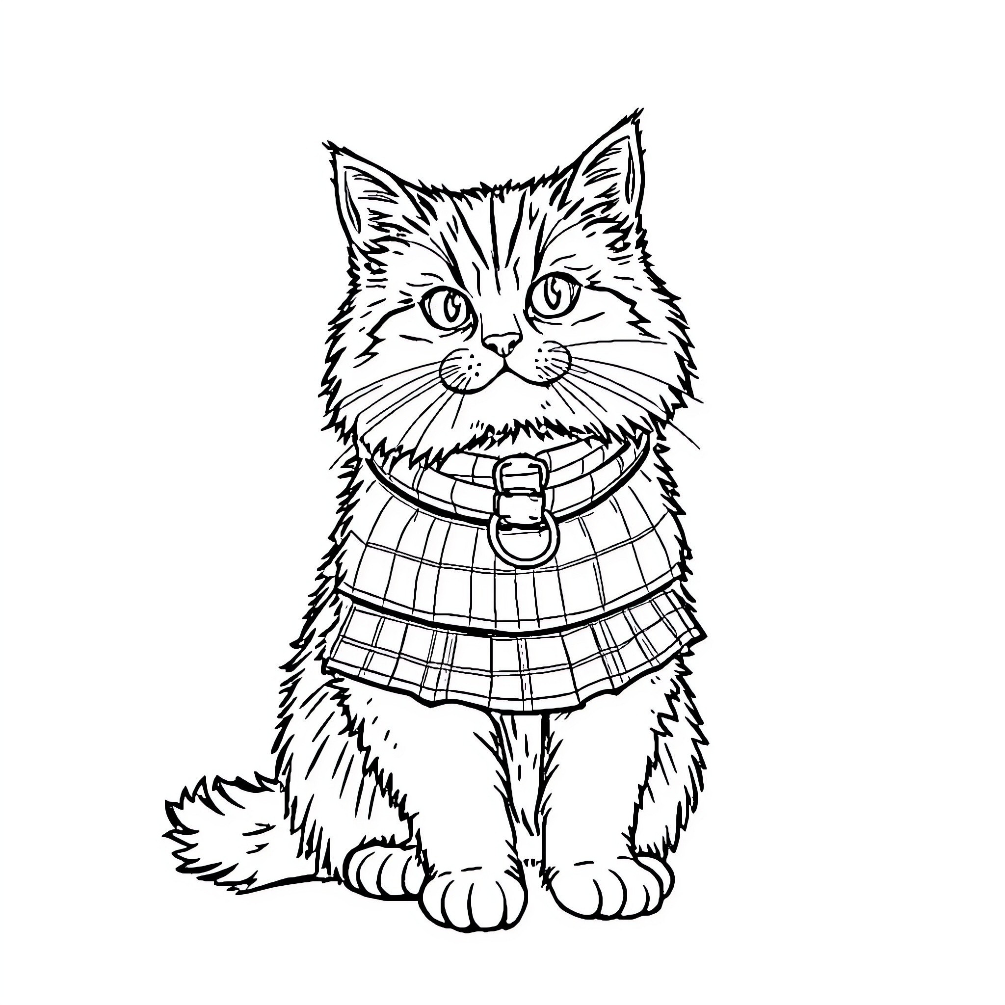 Cat in Plaid Outfit Coloring Page (free black-and-white line drawing printable PDF for all, from beginners to advanced learners, including children, teens, adults, and seniors)