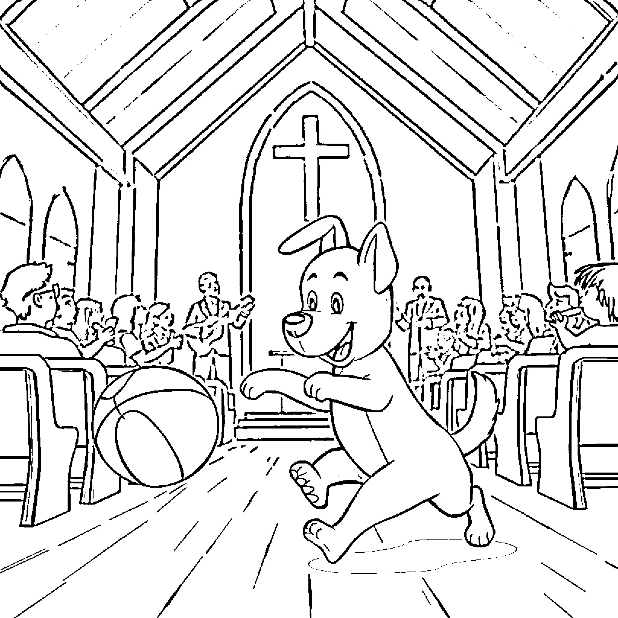 Bluey exploring the church with excitement Coloring Page (free black-and-white line drawing printable PDF for all, from beginners to advanced learners, including children, teens, adults, and seniors)
