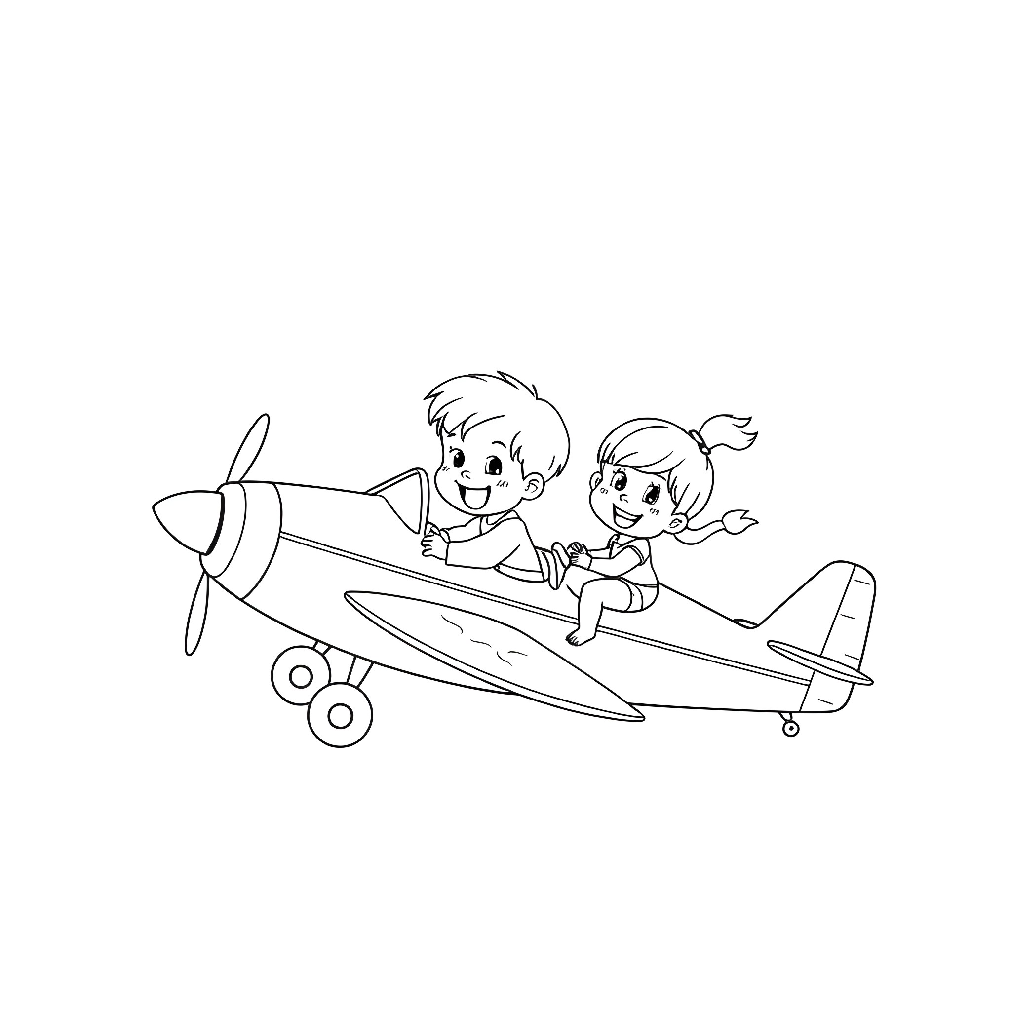 Twin Babies Joyfully Riding a Biplane Coloring Page (free black-and-white line drawing printable PDF for all, from beginners to advanced learners, including children, teens, adults, and seniors)