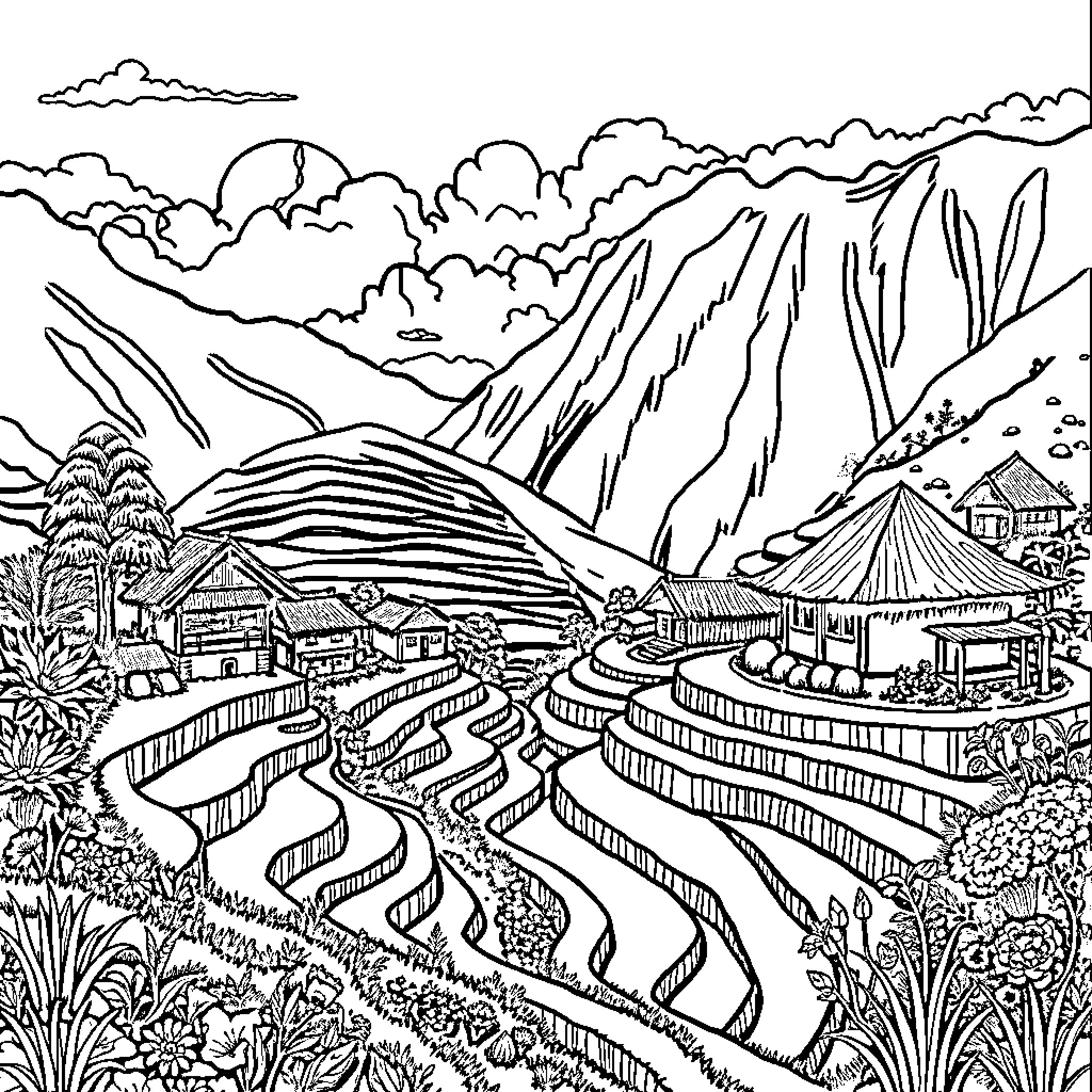 Toraja village nestled in mountainous landscape Coloring Page (free black-and-white line drawing printable PDF for all, from beginners to advanced learners, including children, teens, adults, and seniors)
