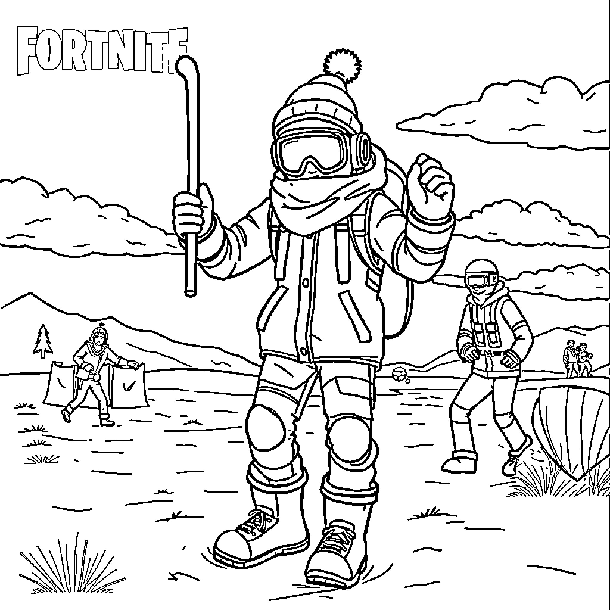 Fortnite Character Exploring Snowy Outdoor Scene Coloring Page (free black-and-white line drawing printable PDF for all, from beginners to advanced learners, including children, teens, adults, and seniors)