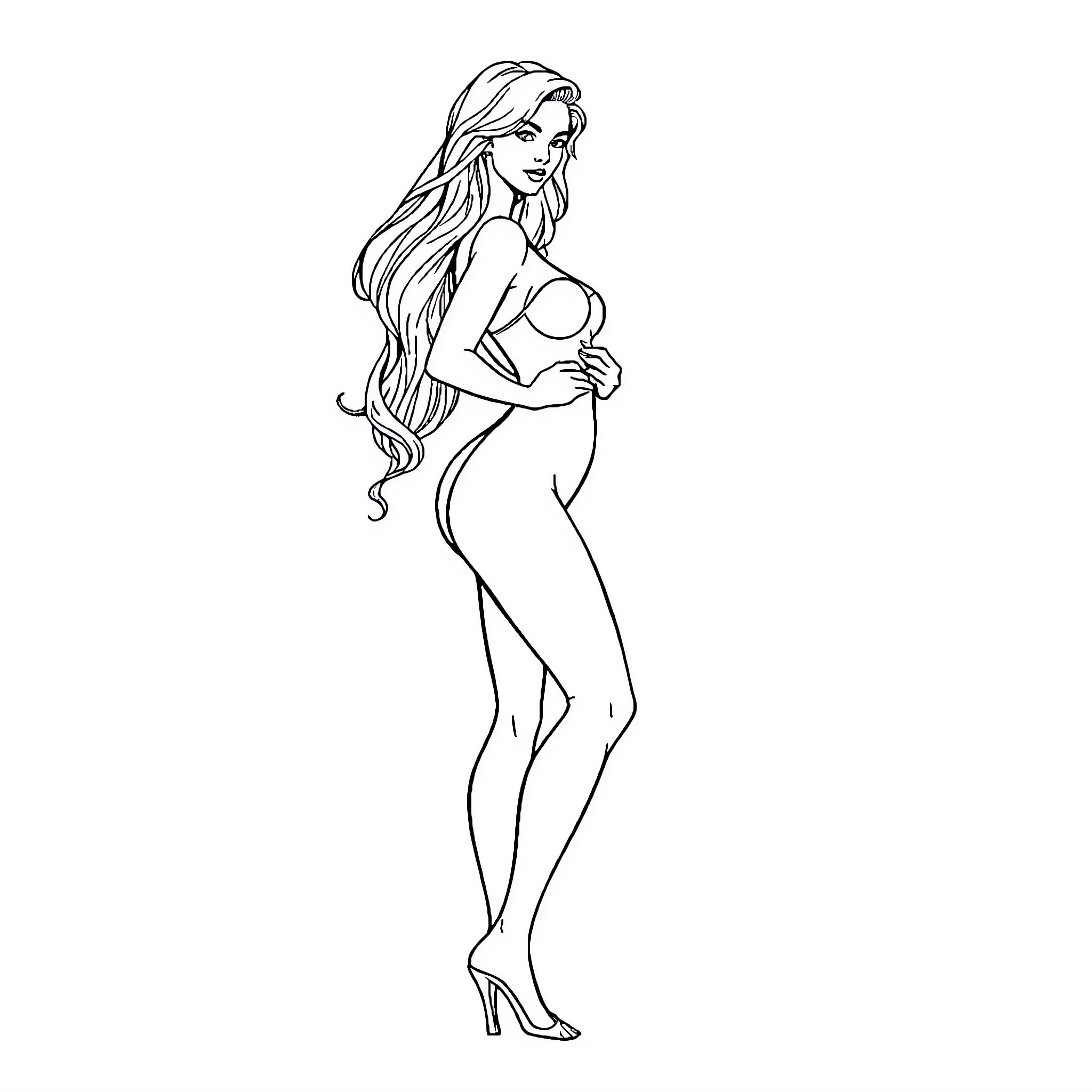 Woman posing gracefully in alluring outfit Coloring Page (free black-and-white line drawing printable PDF for all, from beginners to advanced learners, including children, teens, adults, and seniors)