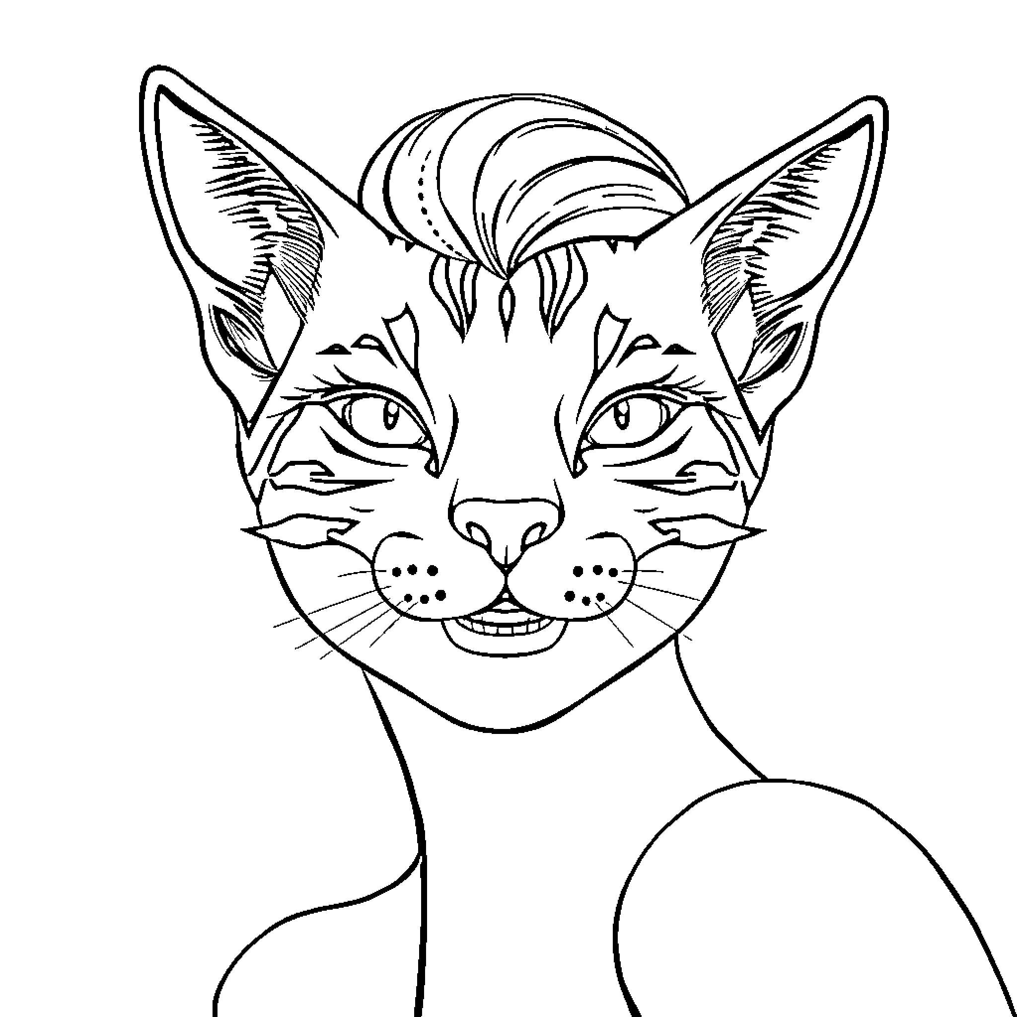 Strawberry Feline Creature with Expressive Features Coloring Page (free black-and-white line drawing printable PDF for all, from beginners to advanced learners, including children, teens, adults, and seniors)