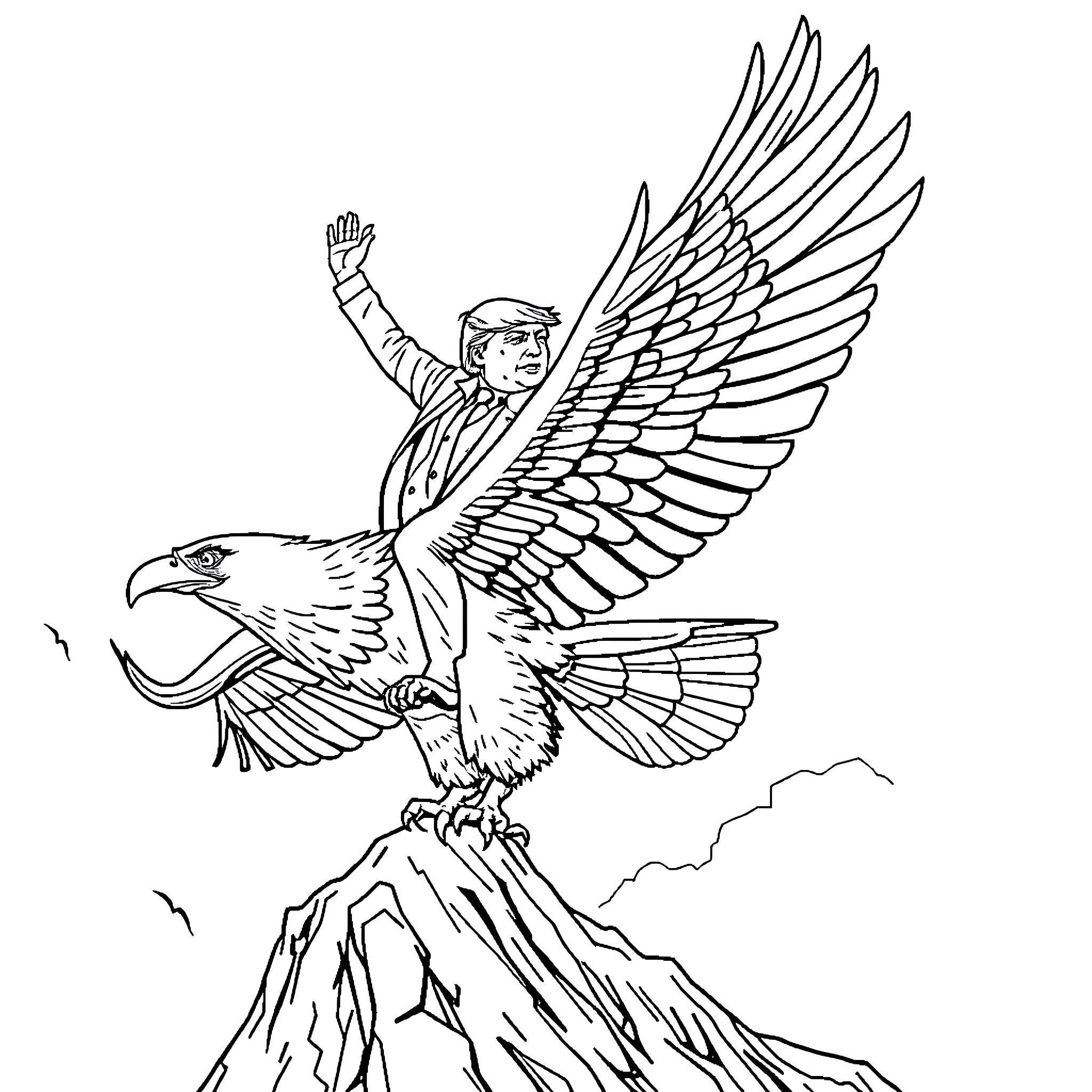 Donald Trump riding a majestic eagle atop a mountain Coloring Page (free black-and-white line drawing printable PDF for all, from beginners to advanced learners, including children, teens, adults, and seniors)