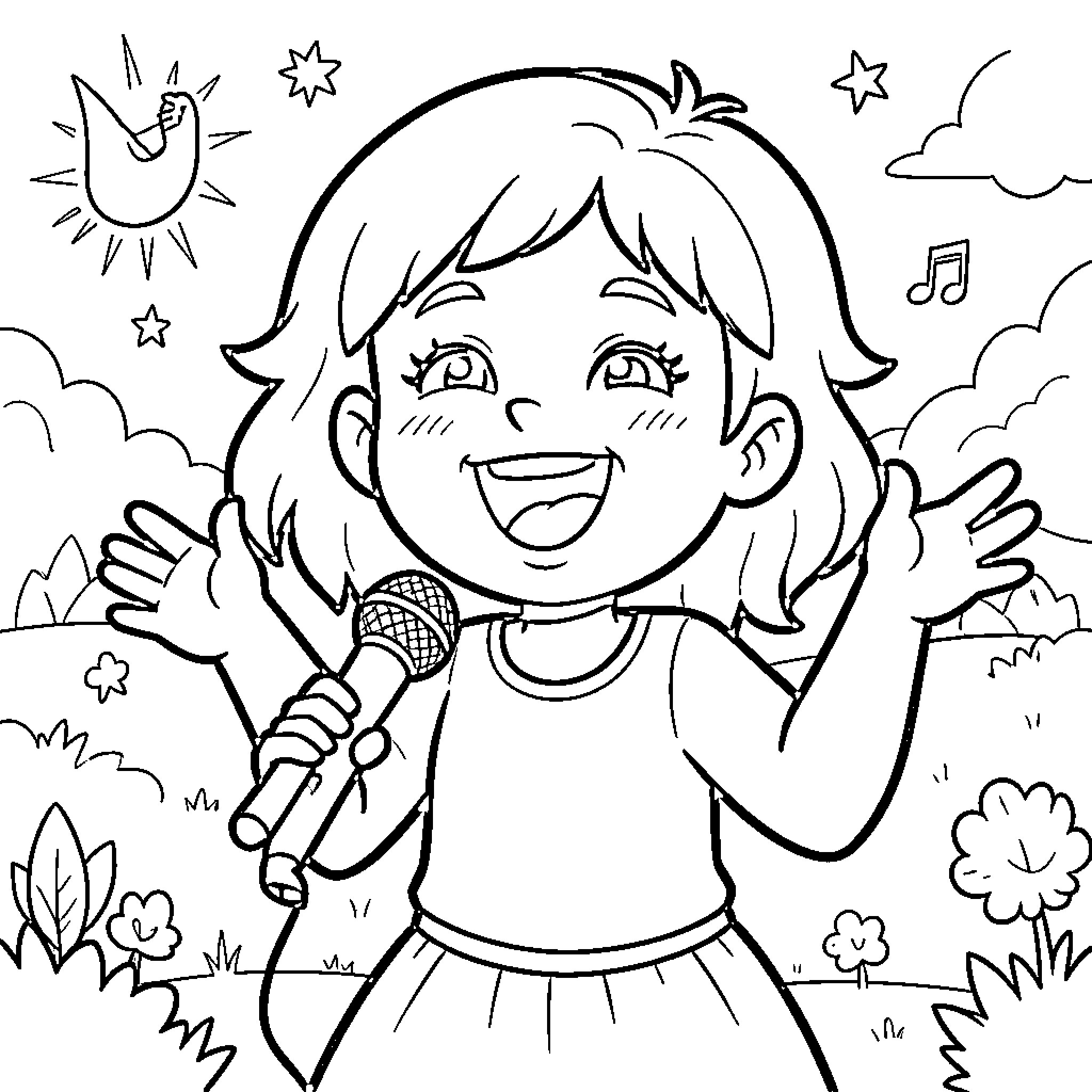 Remi singing joyfully while holding a microphone Coloring Page (free black-and-white line drawing printable PDF for all, from beginners to advanced learners, including children, teens, adults, and seniors)