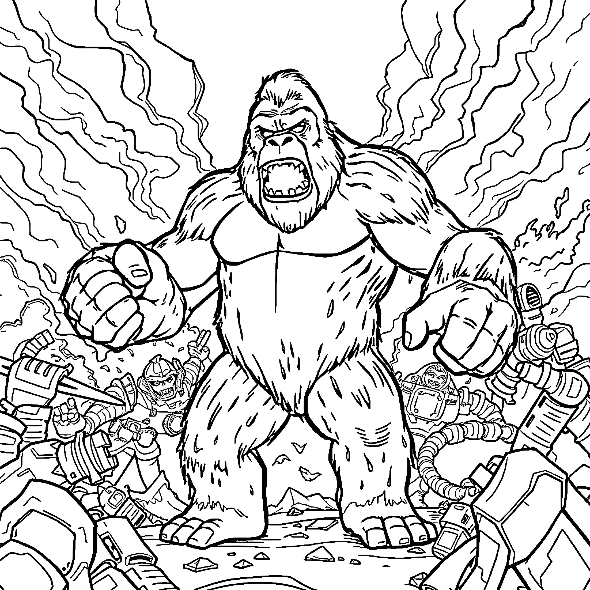 King Kong destroys the city with mighty rage Coloring Page (free black-and-white line drawing printable PDF for all, from beginners to advanced learners, including children, teens, adults, and seniors)