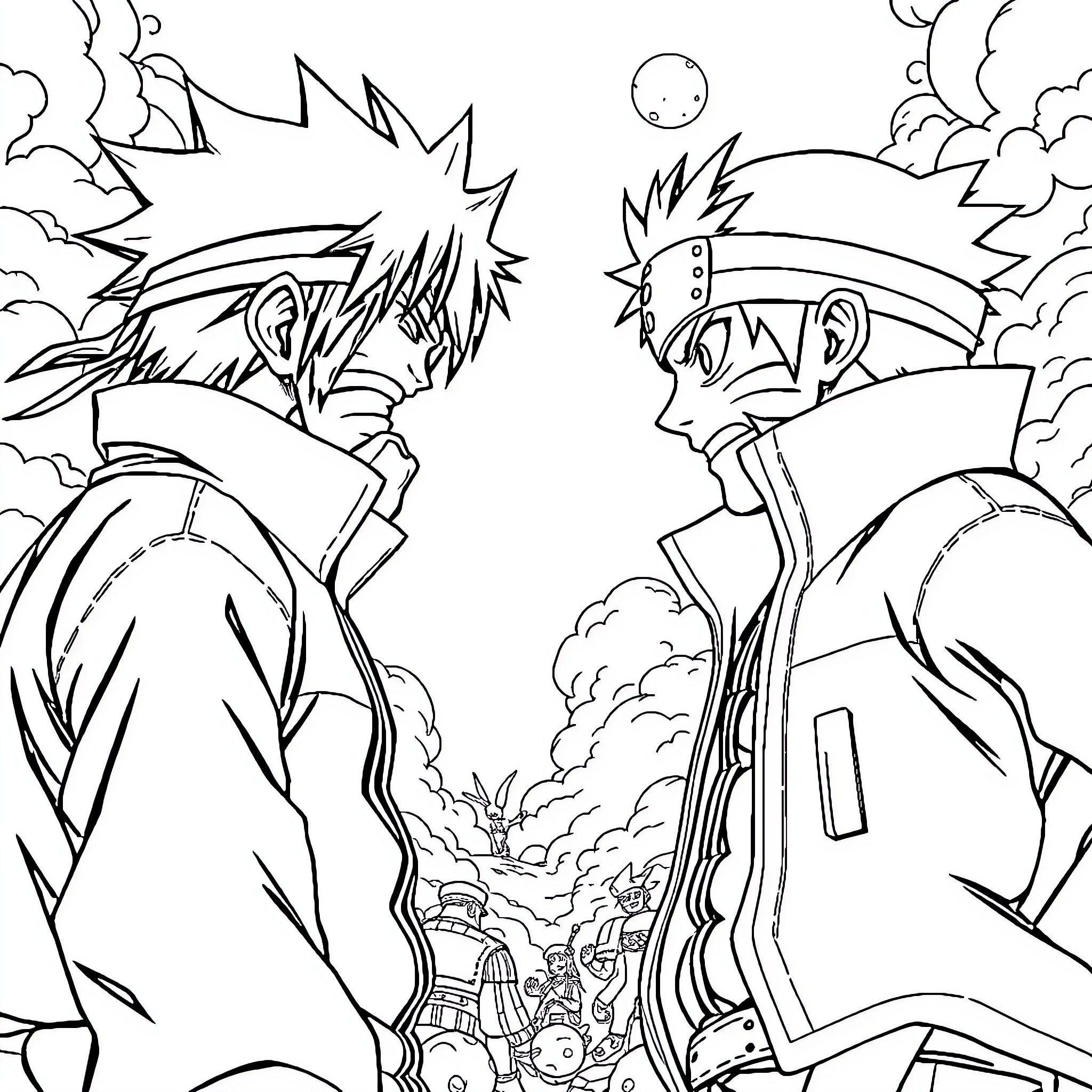 Naruto and Kakashi in intense battle Coloring Page (free black-and-white line drawing printable PDF for all, from beginners to advanced learners, including children, teens, adults, and seniors)