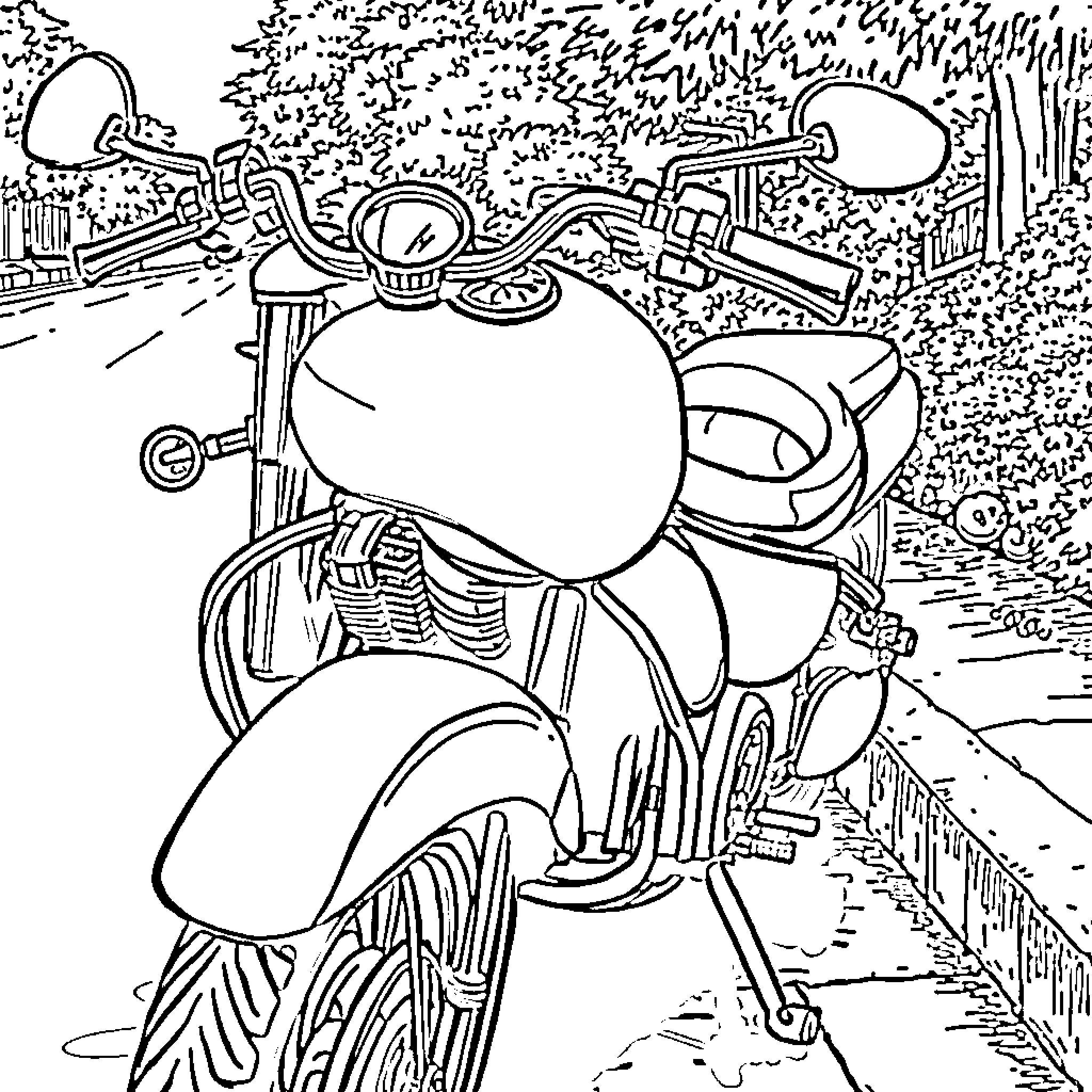 Motorcycle racing on a winding forest path Coloring Page (free black-and-white line drawing printable PDF for all, from beginners to advanced learners, including children, teens, adults, and seniors)