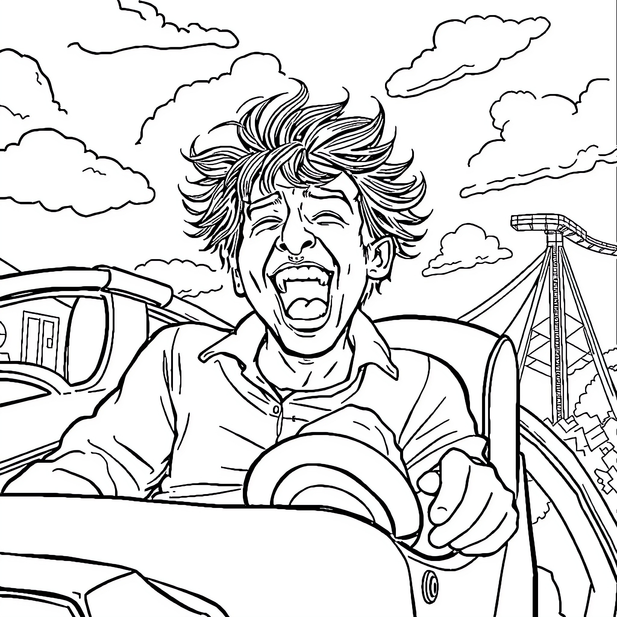 Man Riding Rollercoaster in Amusement Park Coloring Page (free black-and-white line drawing printable PDF for all, from beginners to advanced learners, including children, teens, adults, and seniors)