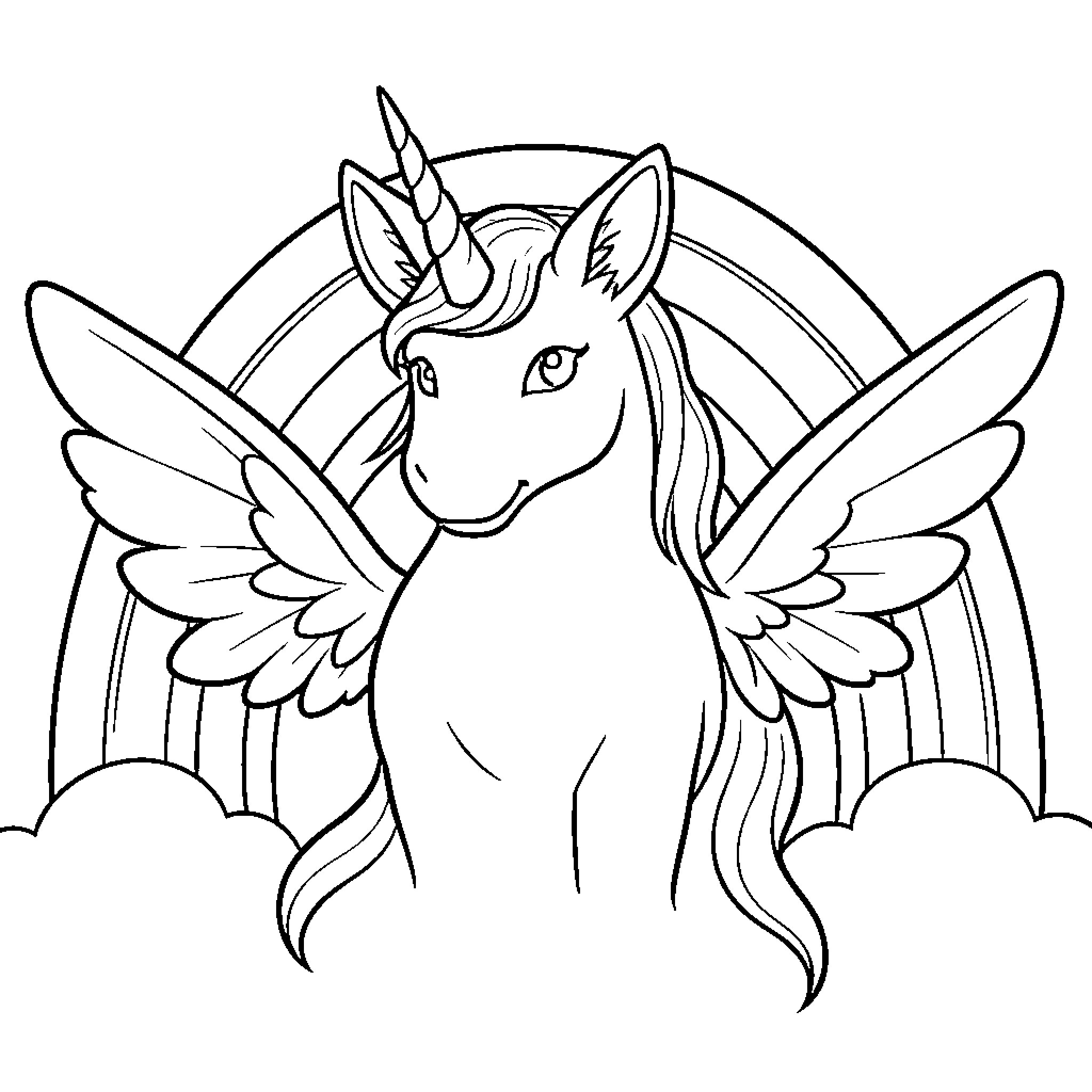 Unicorn with wings sitting in front of rainbow Coloring Page (free black-and-white line drawing printable PDF for all, from beginners to advanced learners, including children, teens, adults, and seniors)