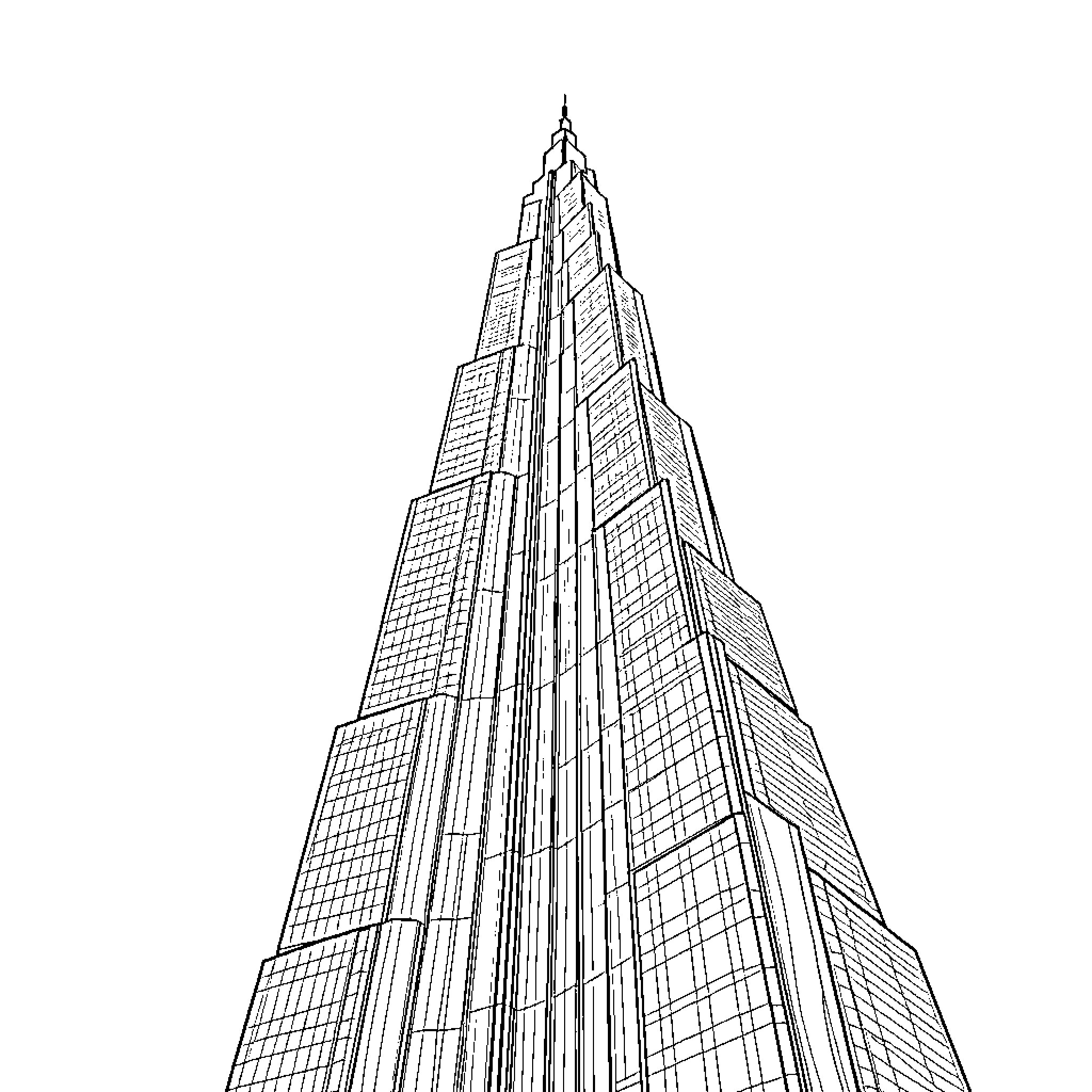 Burj Khalifa - Striking Architecture in Monochrome Coloring Page (free black-and-white line drawing printable PDF for all, from beginners to advanced learners, including children, teens, adults, and seniors)