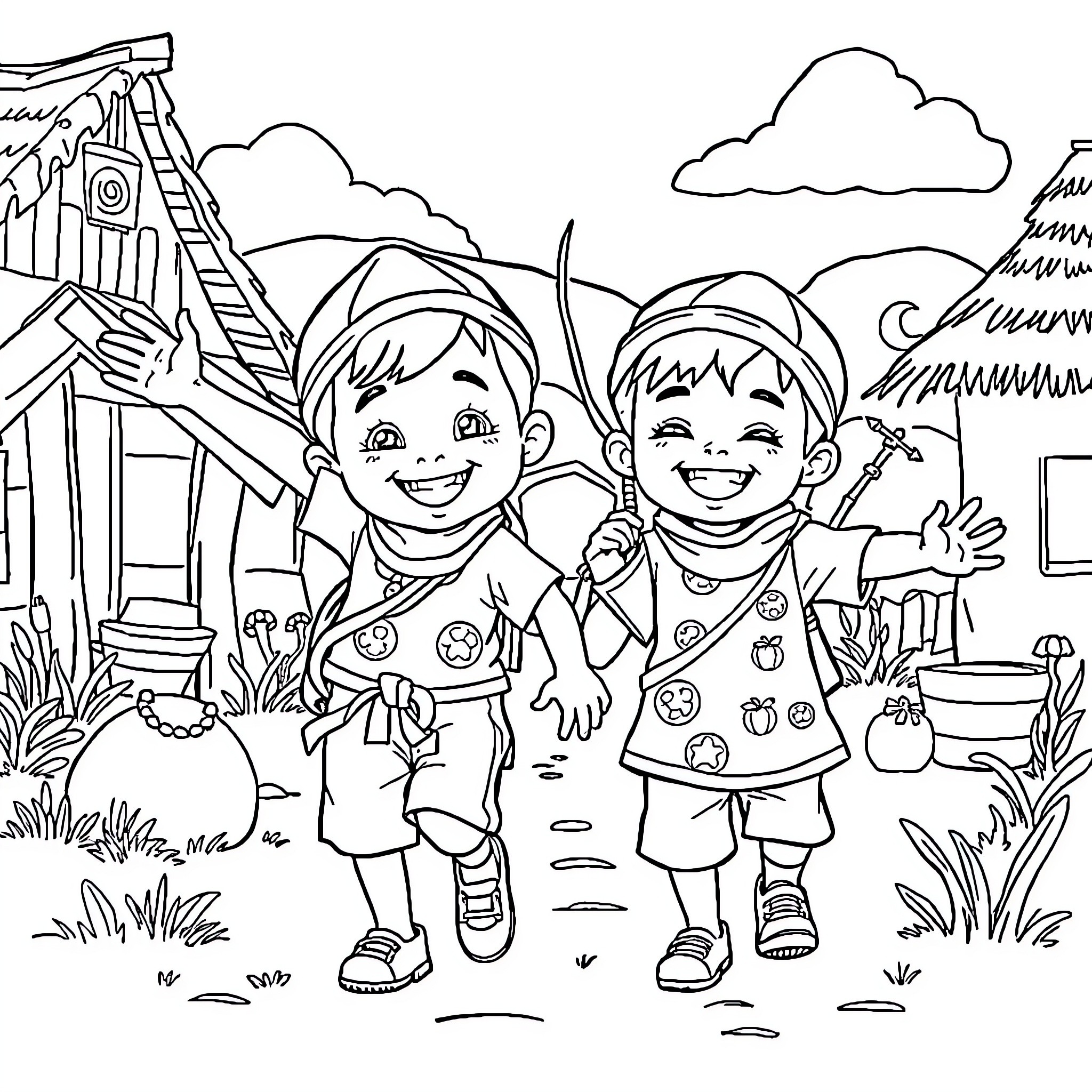 Upin Ipin explore the outdoor adventure Coloring Page (free black-and-white line drawing printable PDF for all, from beginners to advanced learners, including children, teens, adults, and seniors)