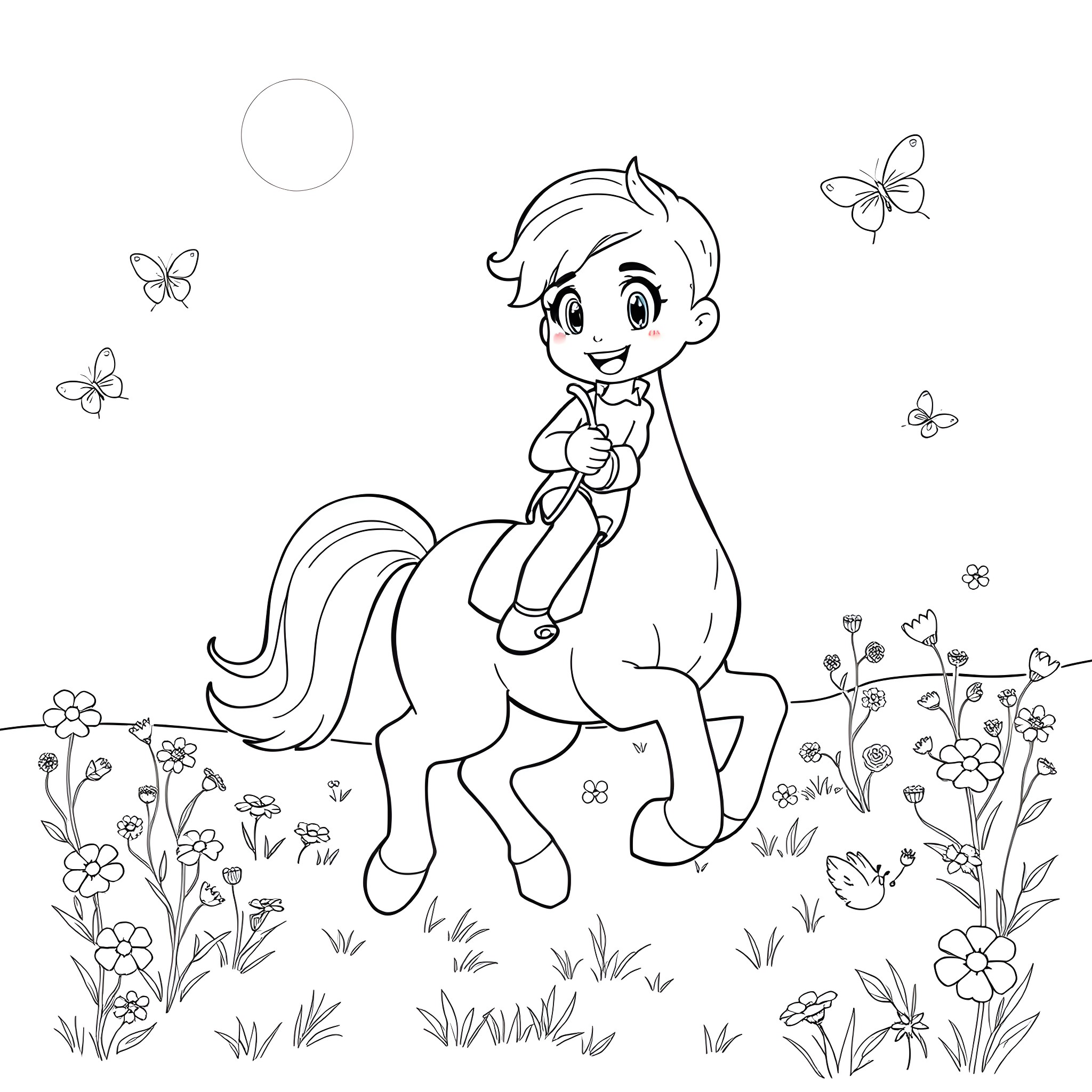Deku riding a magical horse in a floral meadow Coloring Page (free black-and-white line drawing printable PDF for all, from beginners to advanced learners, including children, teens, adults, and seniors)