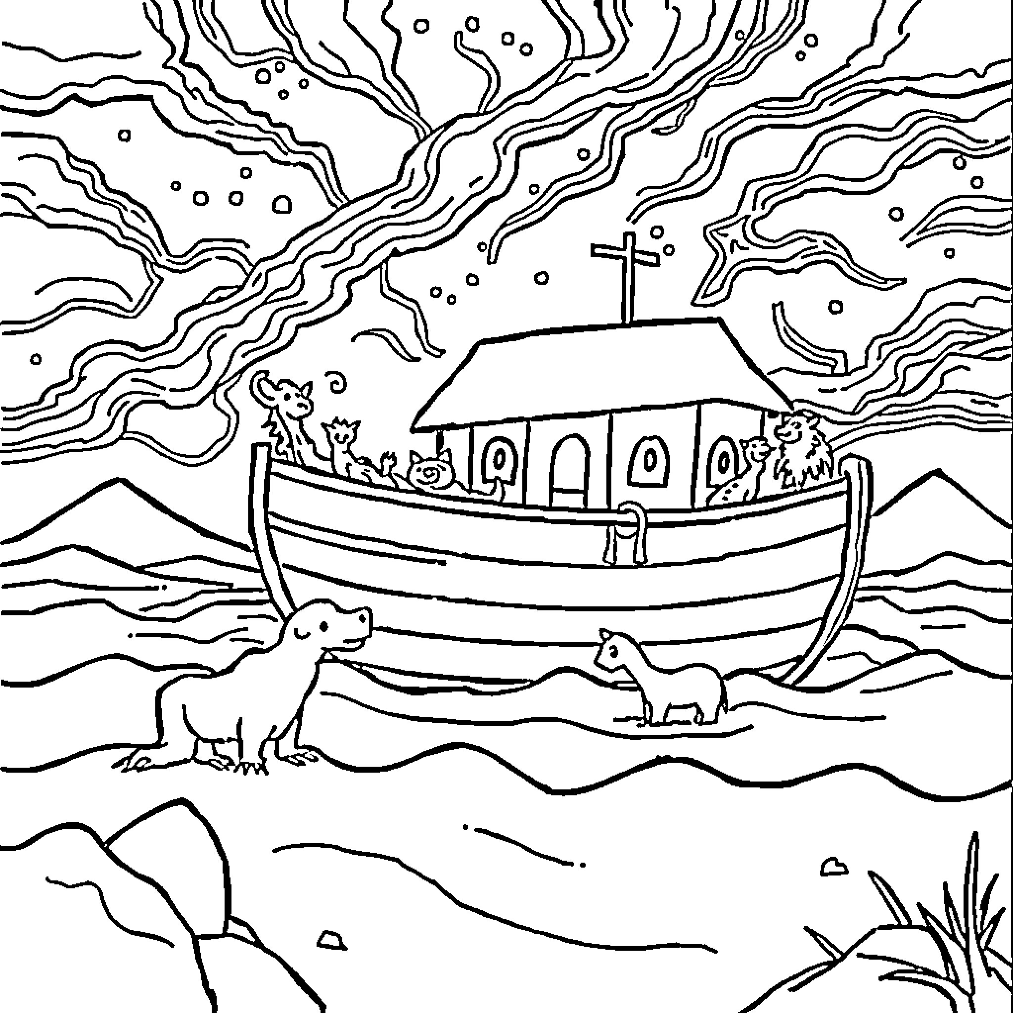 Noah's ark sailing through the stormy seas Coloring Page (free black-and-white line drawing printable PDF for all, from beginners to advanced learners, including children, teens, adults, and seniors)