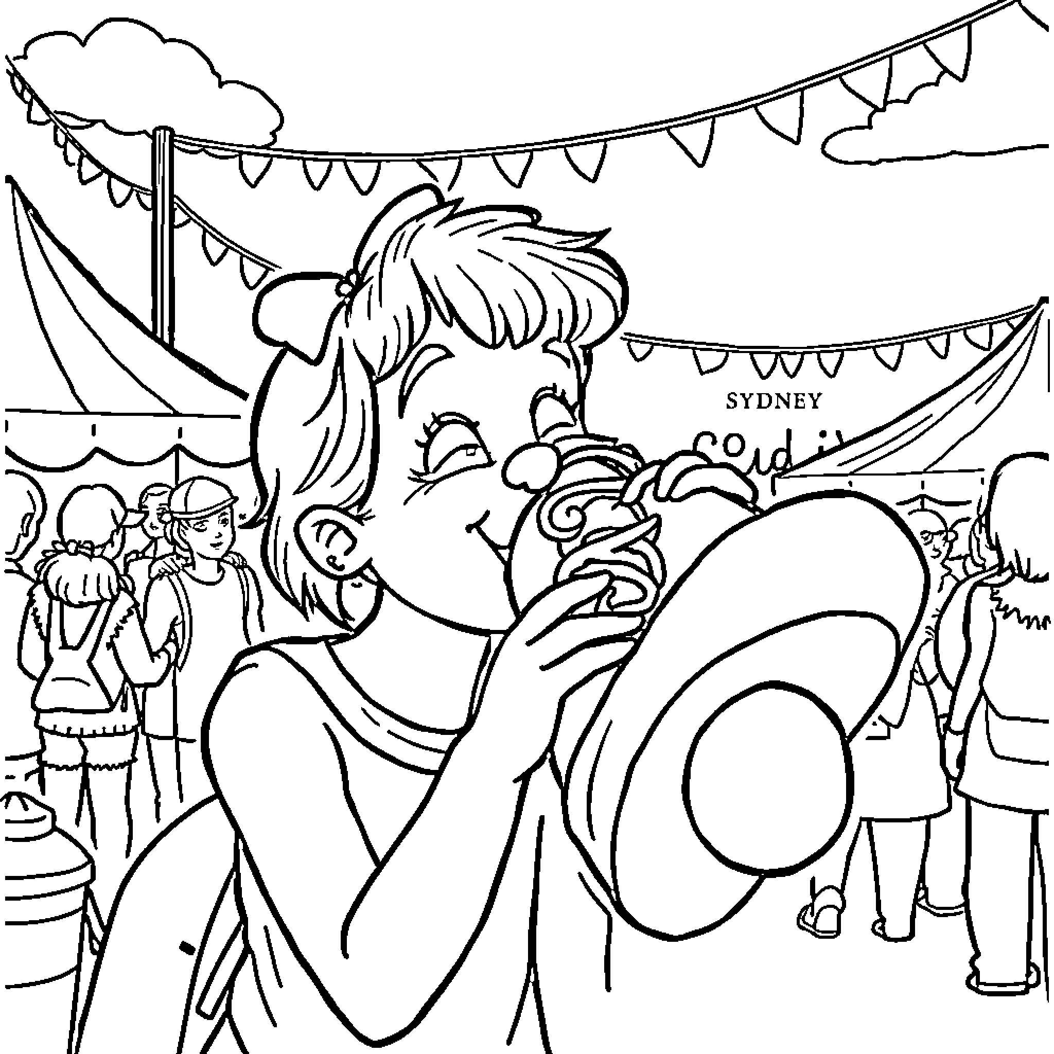 Sydney Sweeney enjoying a festive outdoor celebration Coloring Page (free black-and-white line drawing printable PDF for all, from beginners to advanced learners, including children, teens, adults, and seniors)