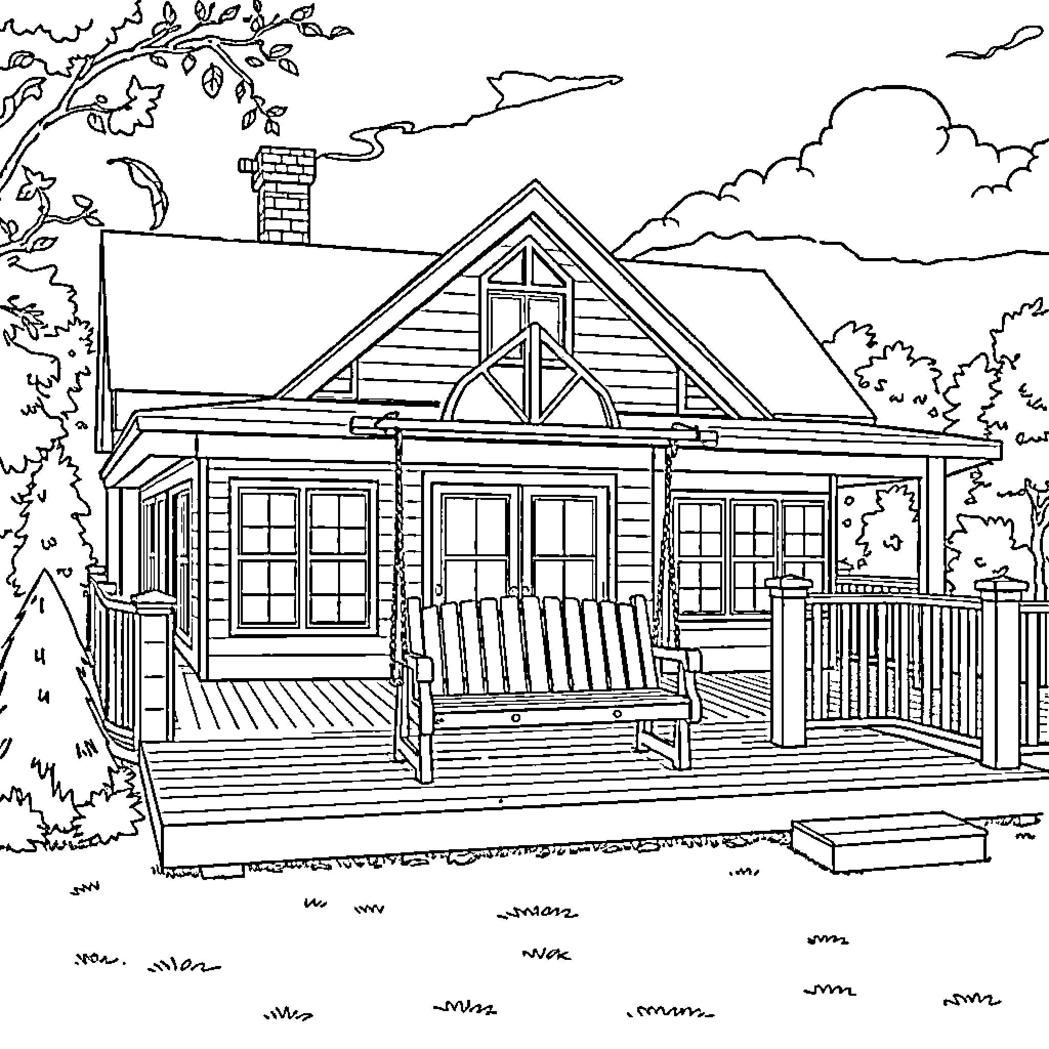 House with a cozy porch and natural surroundings Coloring Page (free black-and-white line drawing printable PDF for all, from beginners to advanced learners, including children, teens, adults, and seniors)