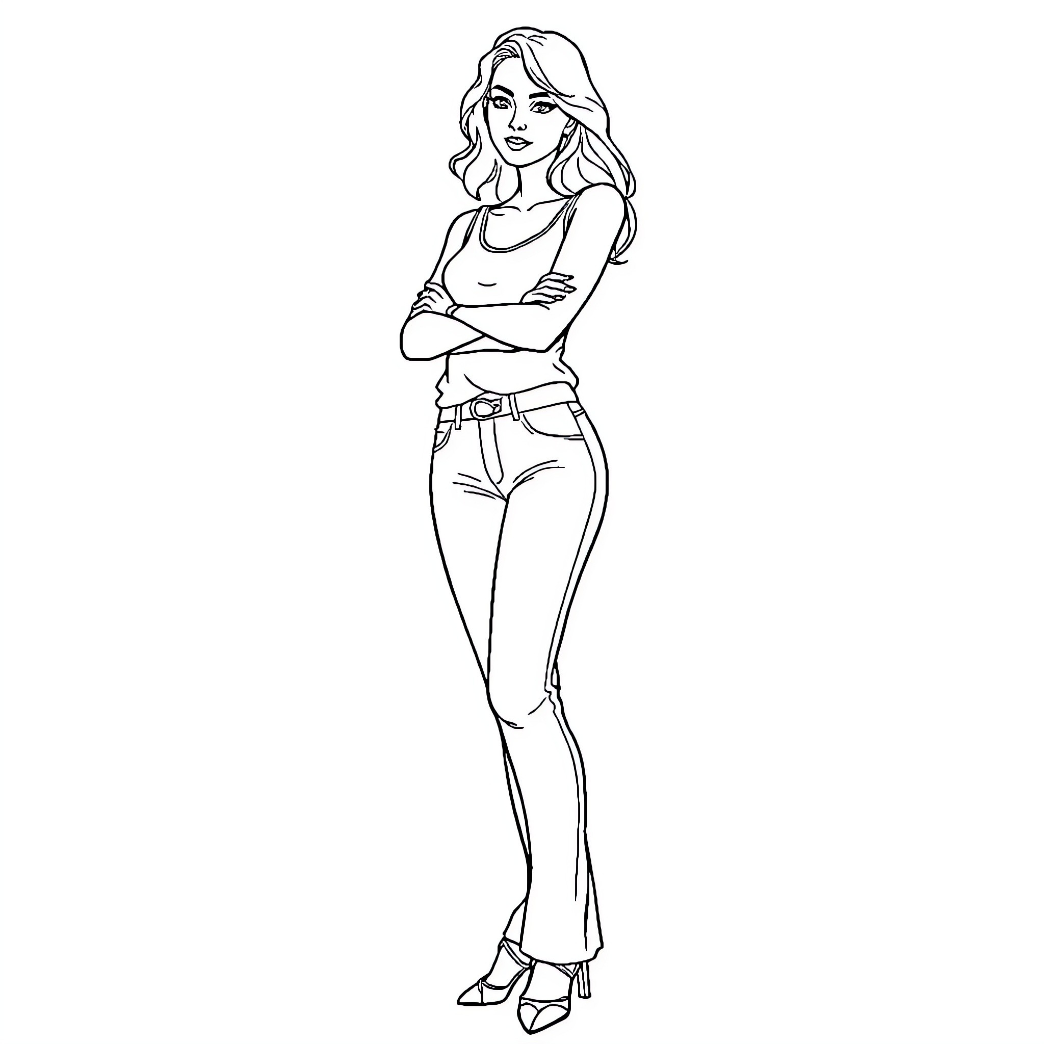 Woman in casual outfit standing with folded arms Coloring Page (free black-and-white line drawing printable PDF for all, from beginners to advanced learners, including children, teens, adults, and seniors)