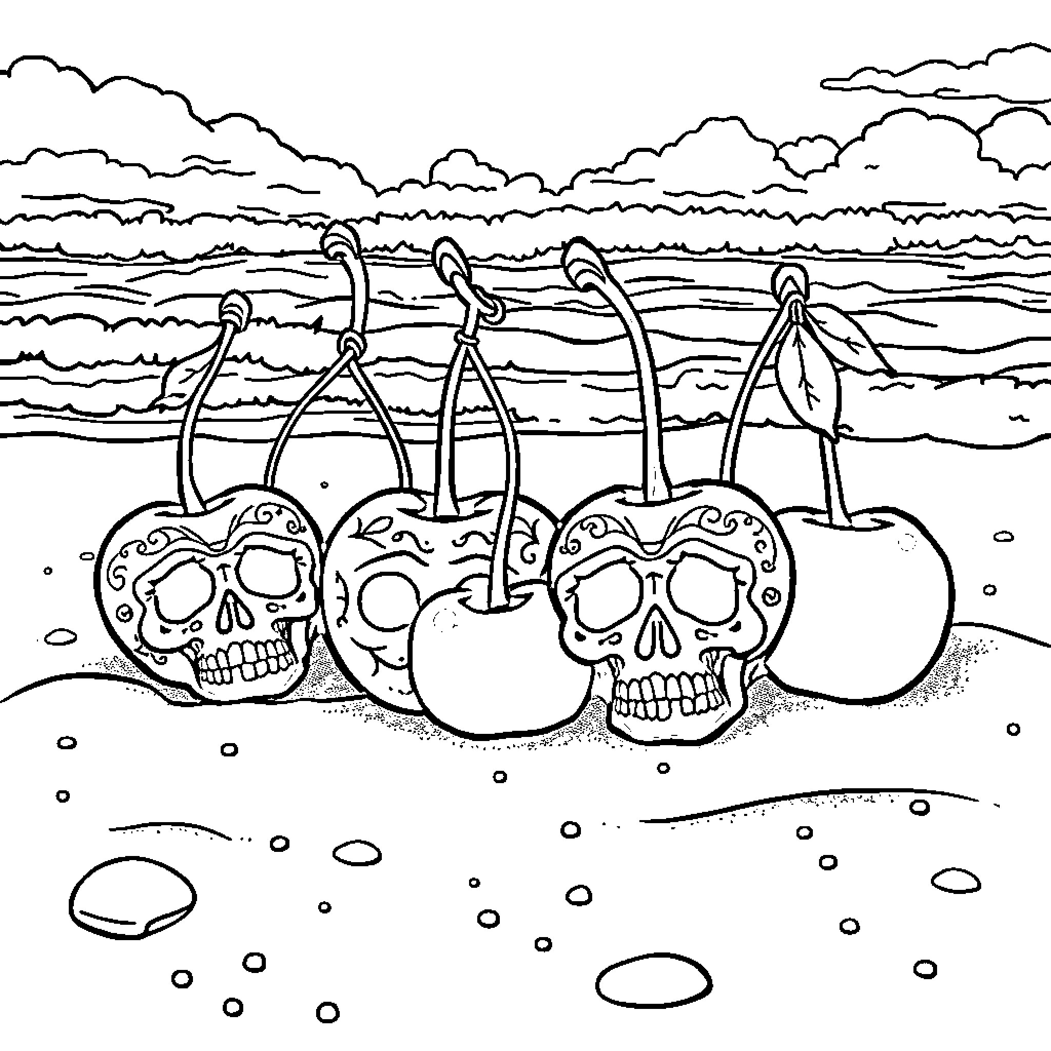 Sugar Skull Cherries on the Beach Coloring Page (free black-and-white line drawing printable PDF for all, from beginners to advanced learners, including children, teens, adults, and seniors)
