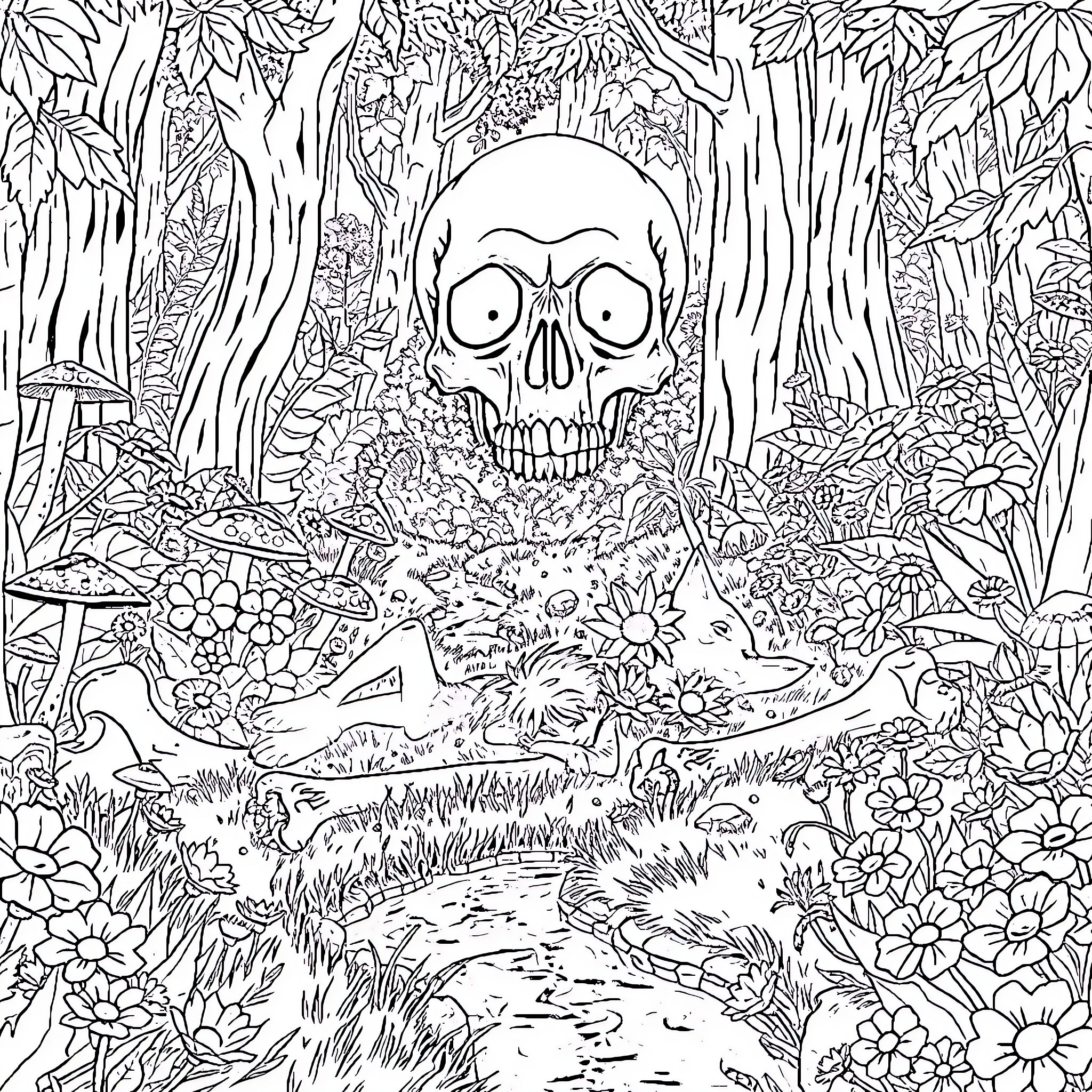 Boy exploring spooky forest with large skull Coloring Page (free black-and-white line drawing printable PDF for all, from beginners to advanced learners, including children, teens, adults, and seniors)