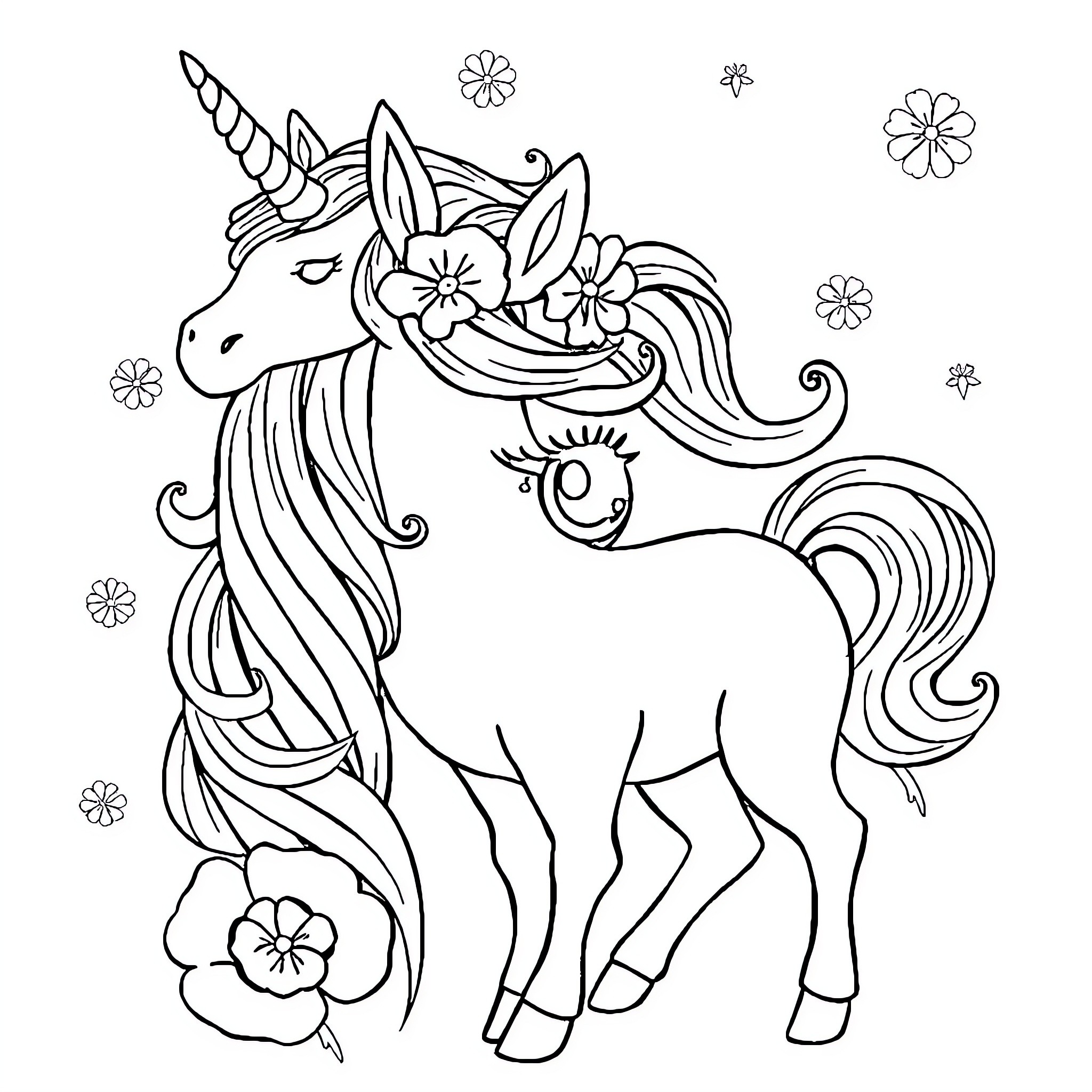 Unicorn with Floral Accessories in Whimsical Setting Coloring Page (free black-and-white line drawing printable PDF for all, from beginners to advanced learners, including children, teens, adults, and seniors)