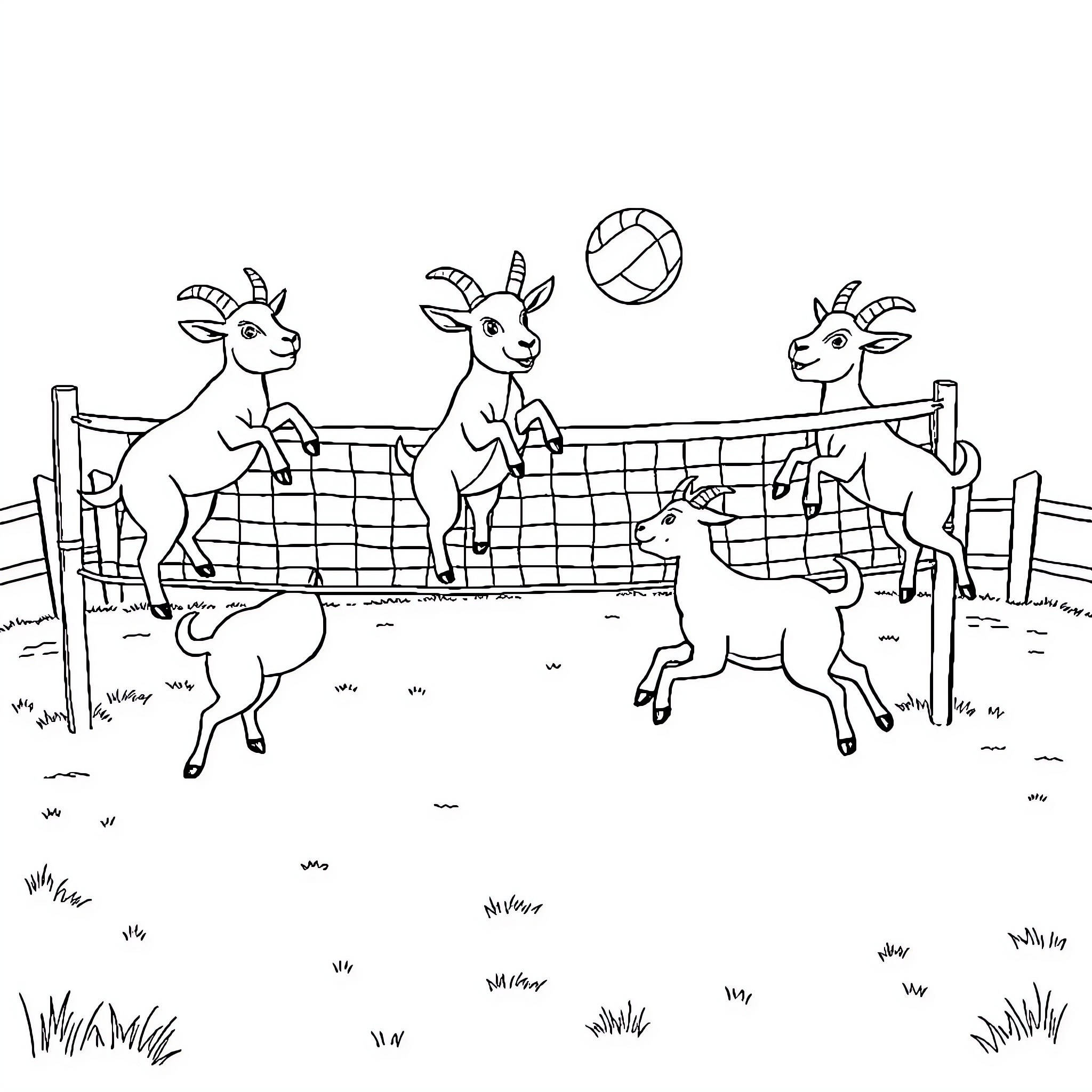 Goats playing volleyball on a farm Coloring Page (free black-and-white line drawing printable PDF for all, from beginners to advanced learners, including children, teens, adults, and seniors)