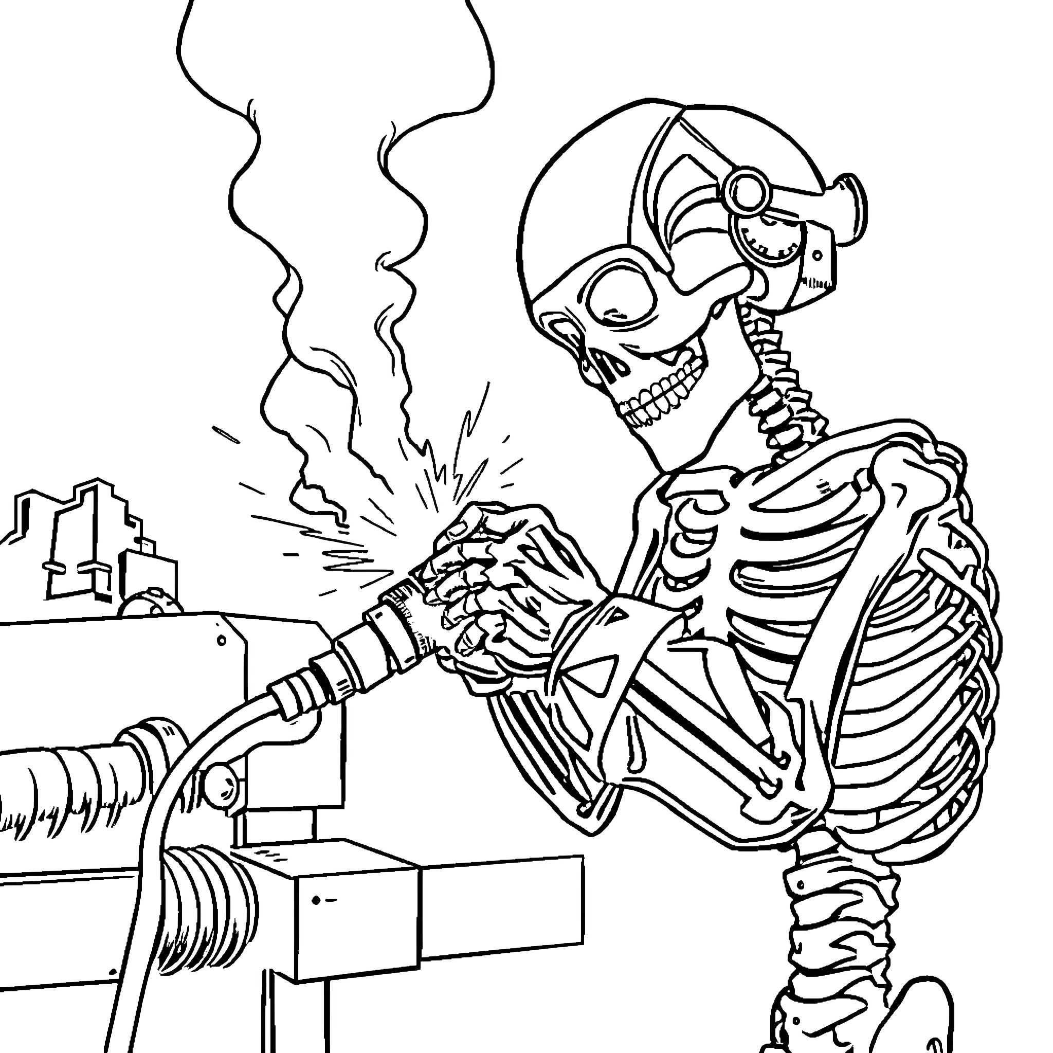 Welder skeleton in action at industrial site Coloring Page (free black-and-white line drawing printable PDF for all, from beginners to advanced learners, including children, teens, adults, and seniors)