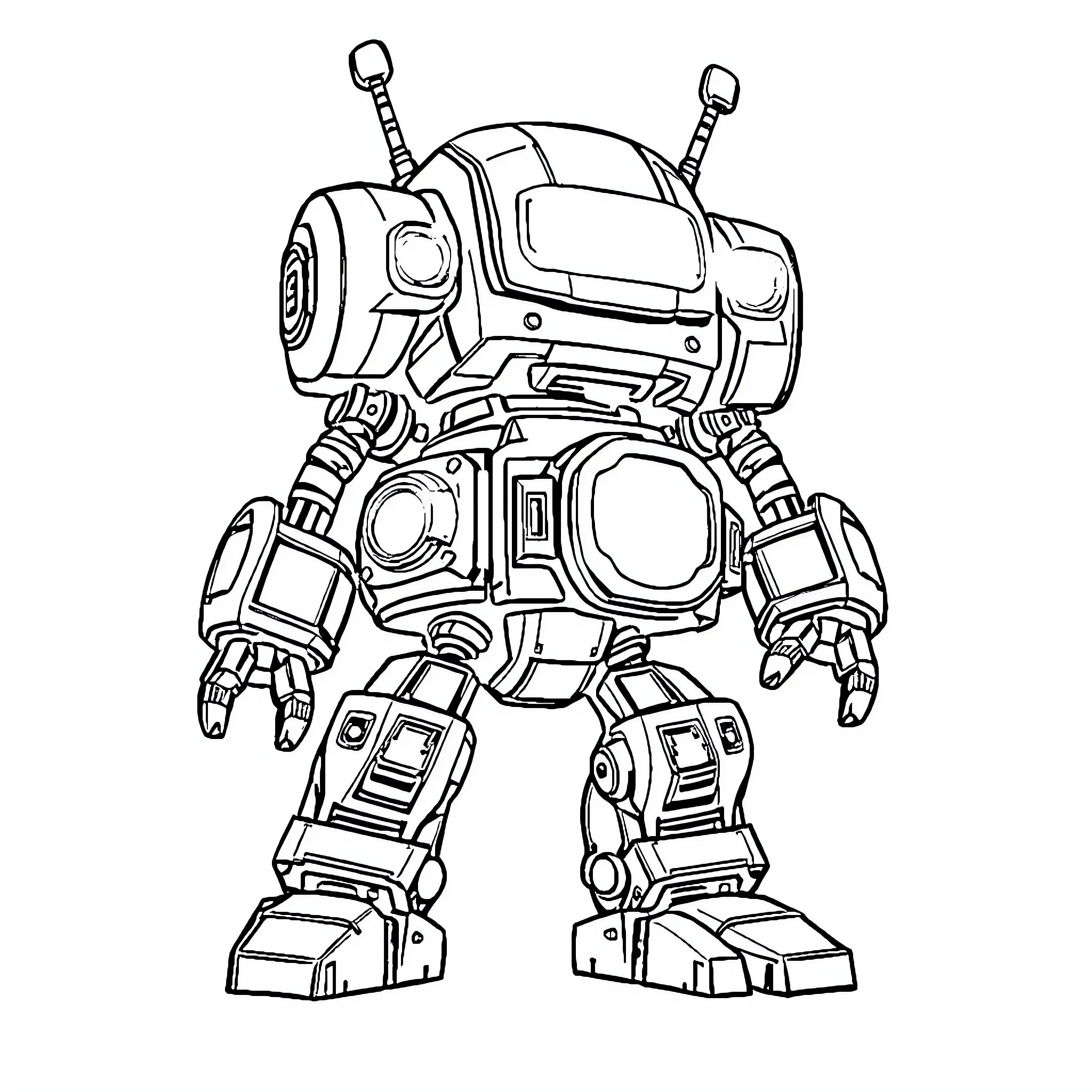 ClankER Robot in Mechanical Action Coloring Page (free black-and-white line drawing printable PDF for all, from beginners to advanced learners, including children, teens, adults, and seniors)