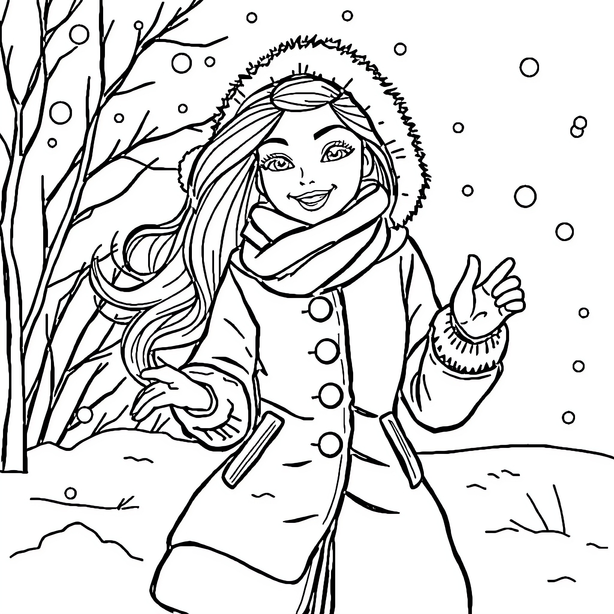Barbie enjoying a snowy winter adventure Coloring Page (free black-and-white line drawing printable PDF for all, from beginners to advanced learners, including children, teens, adults, and seniors)