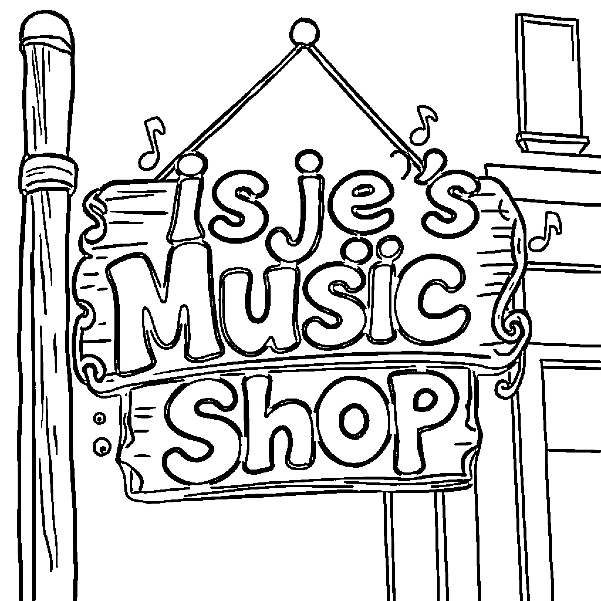 Sign for Jessie's Music Shop Coloring Page (free black-and-white line drawing printable PDF for all, from beginners to advanced learners, including children, teens, adults, and seniors)