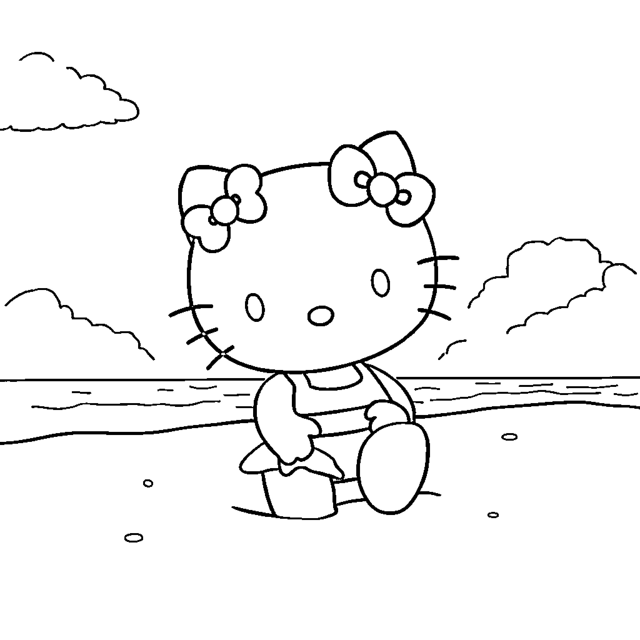 Hello Kitty enjoying a day at the beach Coloring Page (free black-and-white line drawing printable PDF for all, from beginners to advanced learners, including children, teens, adults, and seniors)