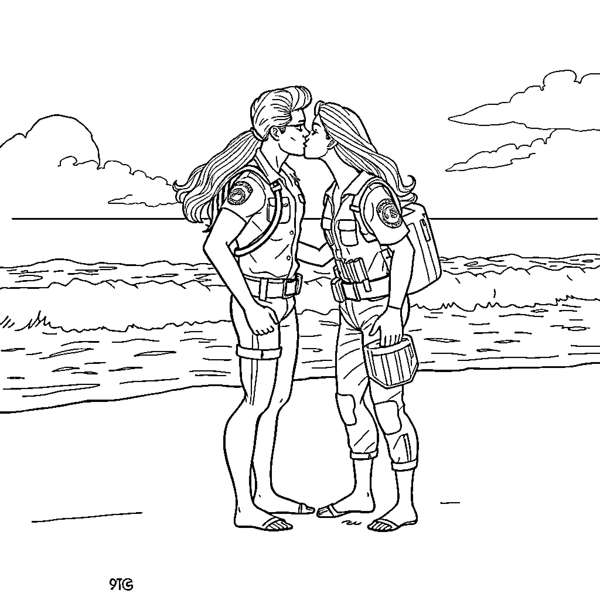 Ken and Jane's beach adventure Coloring Page (free black-and-white line drawing printable PDF for all, from beginners to advanced learners, including children, teens, adults, and seniors)