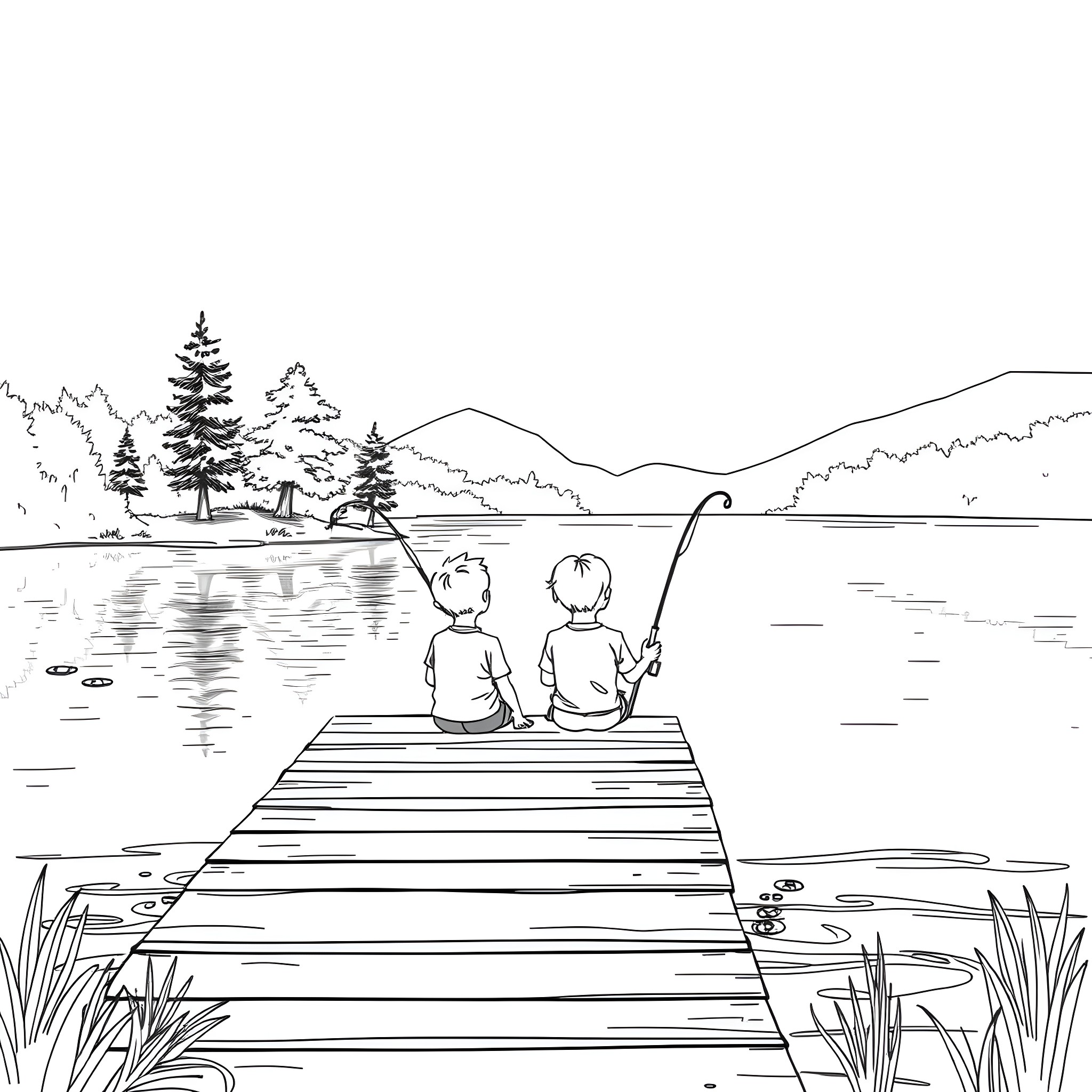 Man and child fishing on a lake dock Coloring Page (free black-and-white line drawing printable PDF for all, from beginners to advanced learners, including children, teens, adults, and seniors)