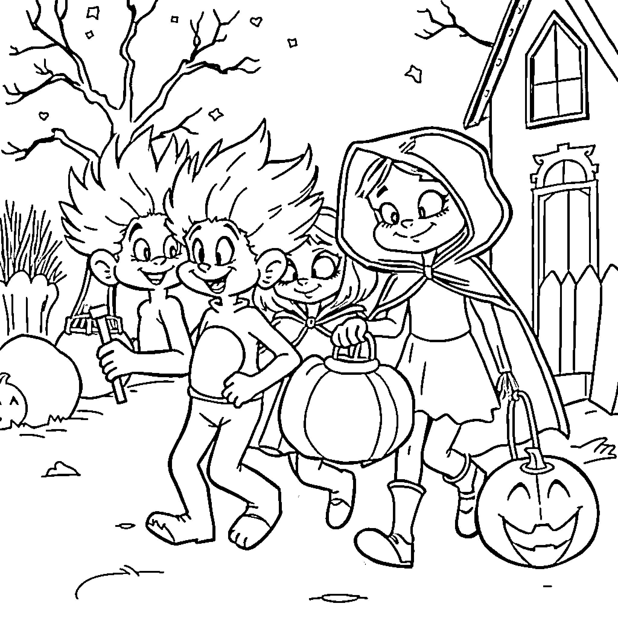 Vampire Girl Trick-or-Treating with Friends Coloring Page (free black-and-white line drawing printable PDF for all, from beginners to advanced learners, including children, teens, adults, and seniors)