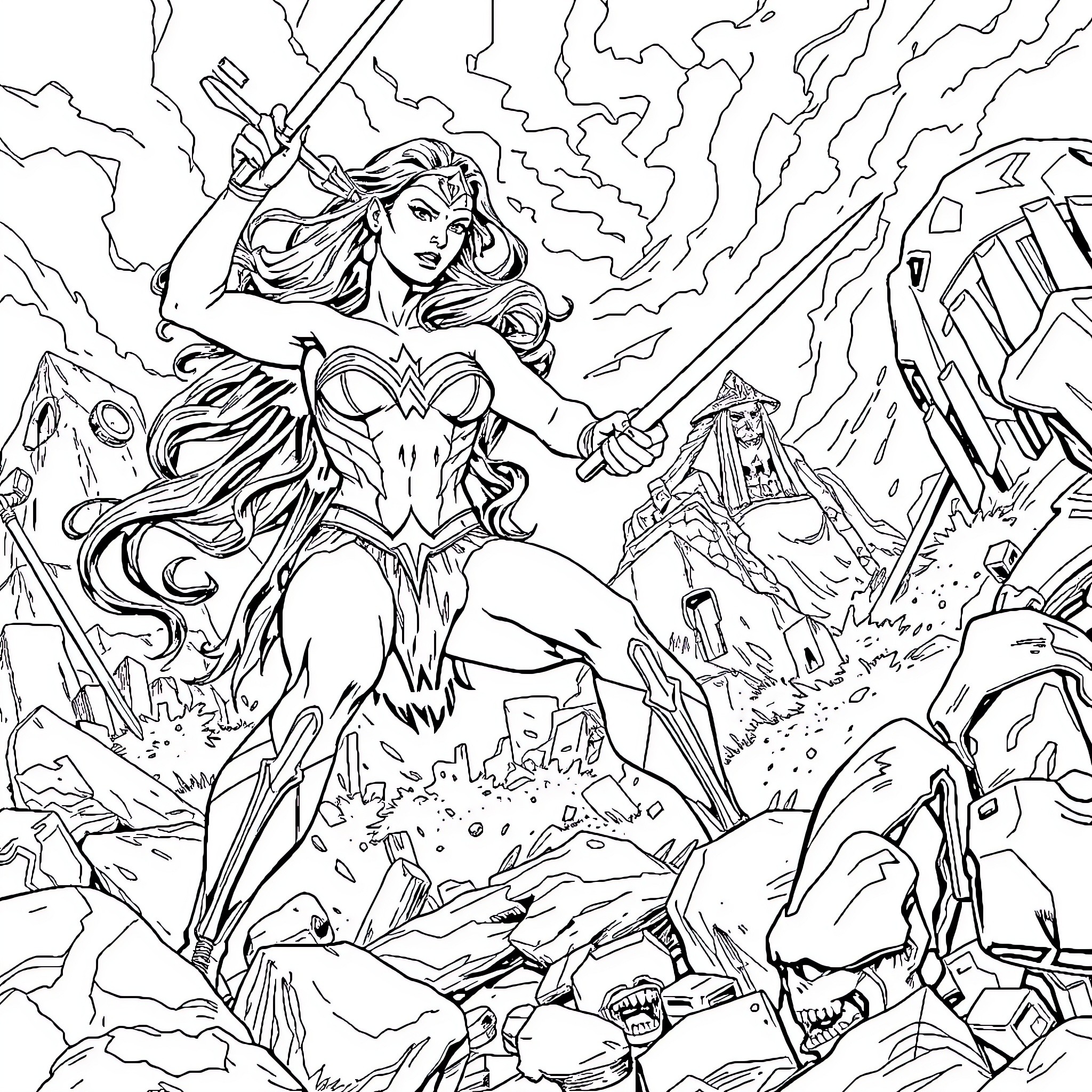Wonder Woman Heroic Warrior Amidst Destruction Coloring Page (free black-and-white line drawing printable PDF for all, from beginners to advanced learners, including children, teens, adults, and seniors)
