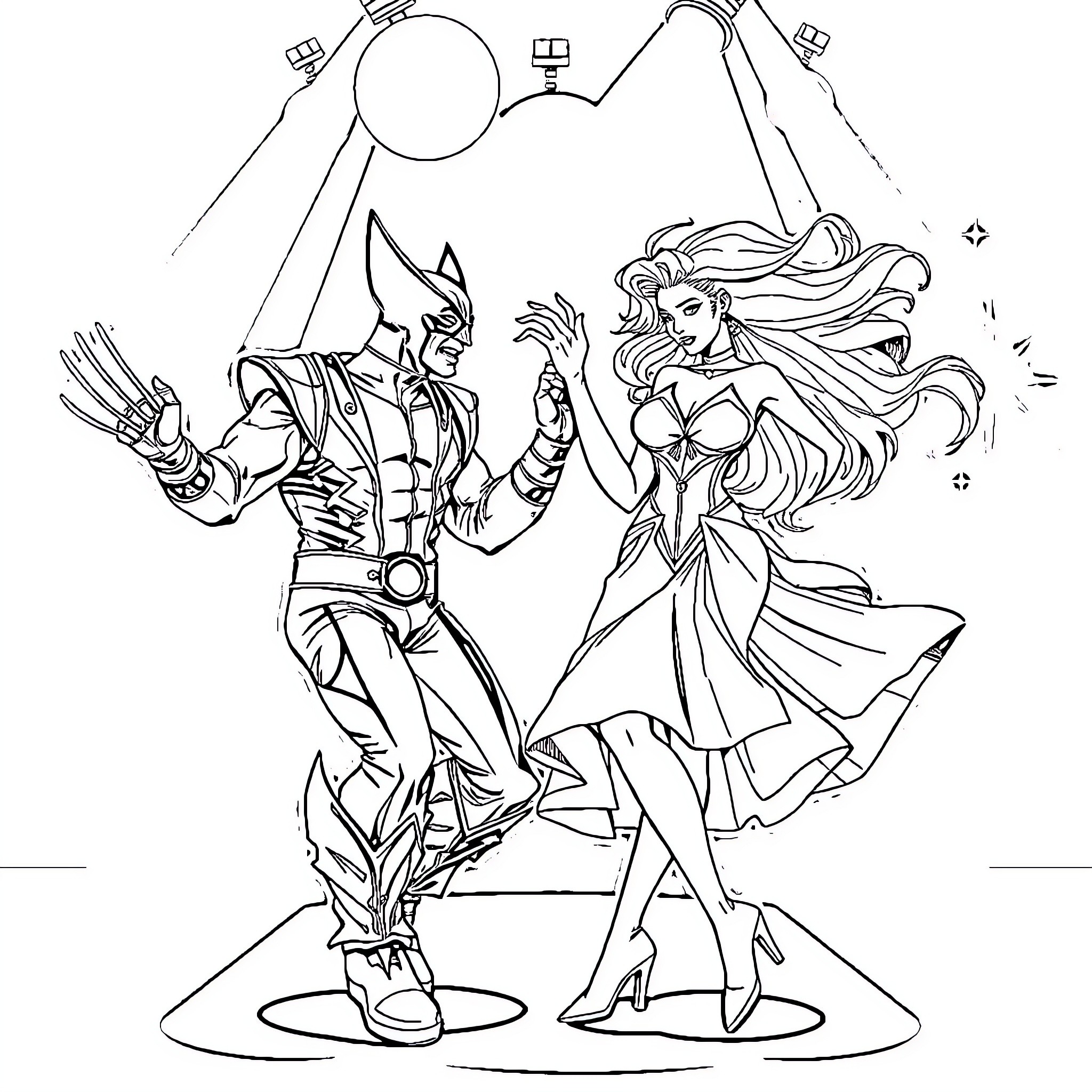 Wolverine and mysterious woman in action-packed scene Coloring Page (free black-and-white line drawing printable PDF for all, from beginners to advanced learners, including children, teens, adults, and seniors)