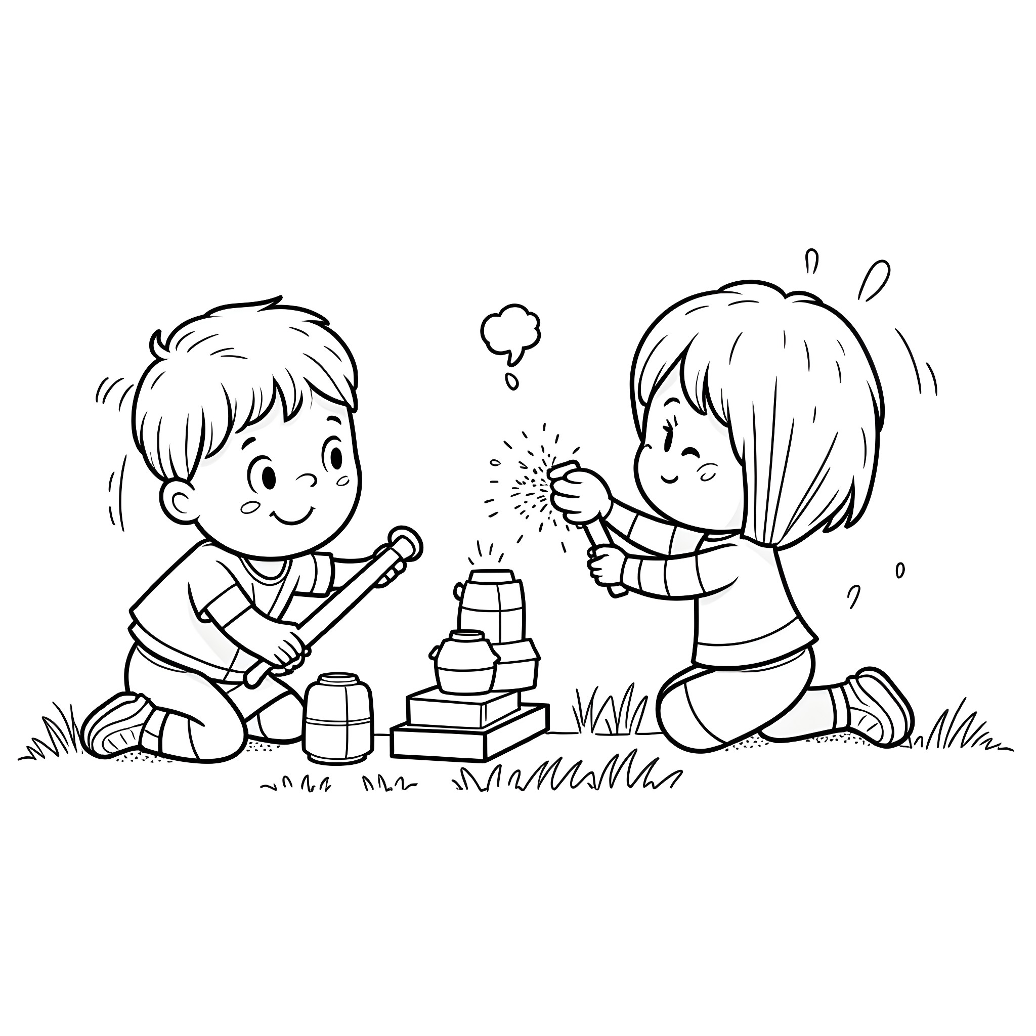 Kindergarten children playing with blocks and bubbles Coloring Page (free black-and-white line drawing printable PDF for all, from beginners to advanced learners, including children, teens, adults, and seniors)