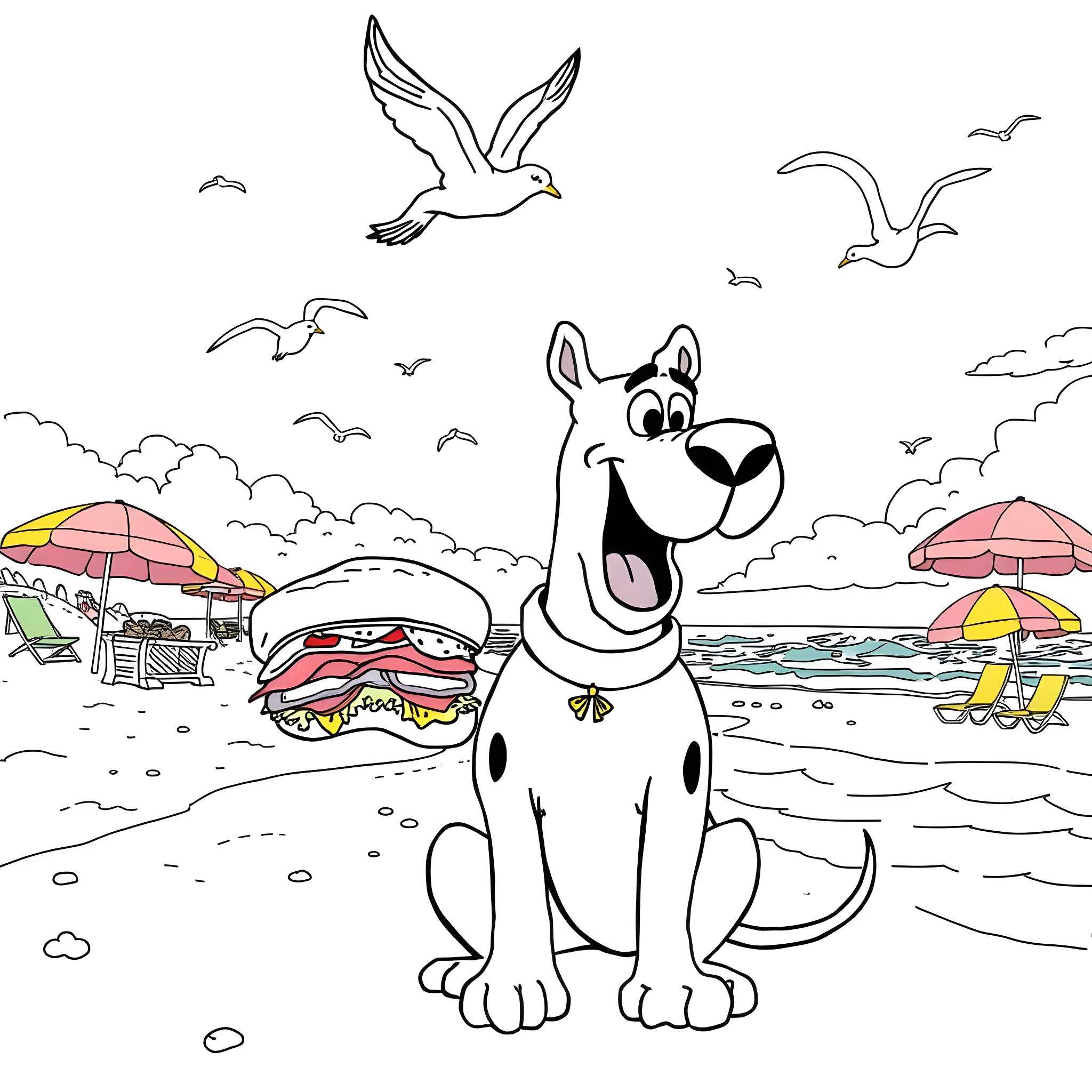 Scooby Doo enjoying a day at the beach with seagulls Coloring Page (free black-and-white line drawing printable PDF for all, from beginners to advanced learners, including children, teens, adults, and seniors)