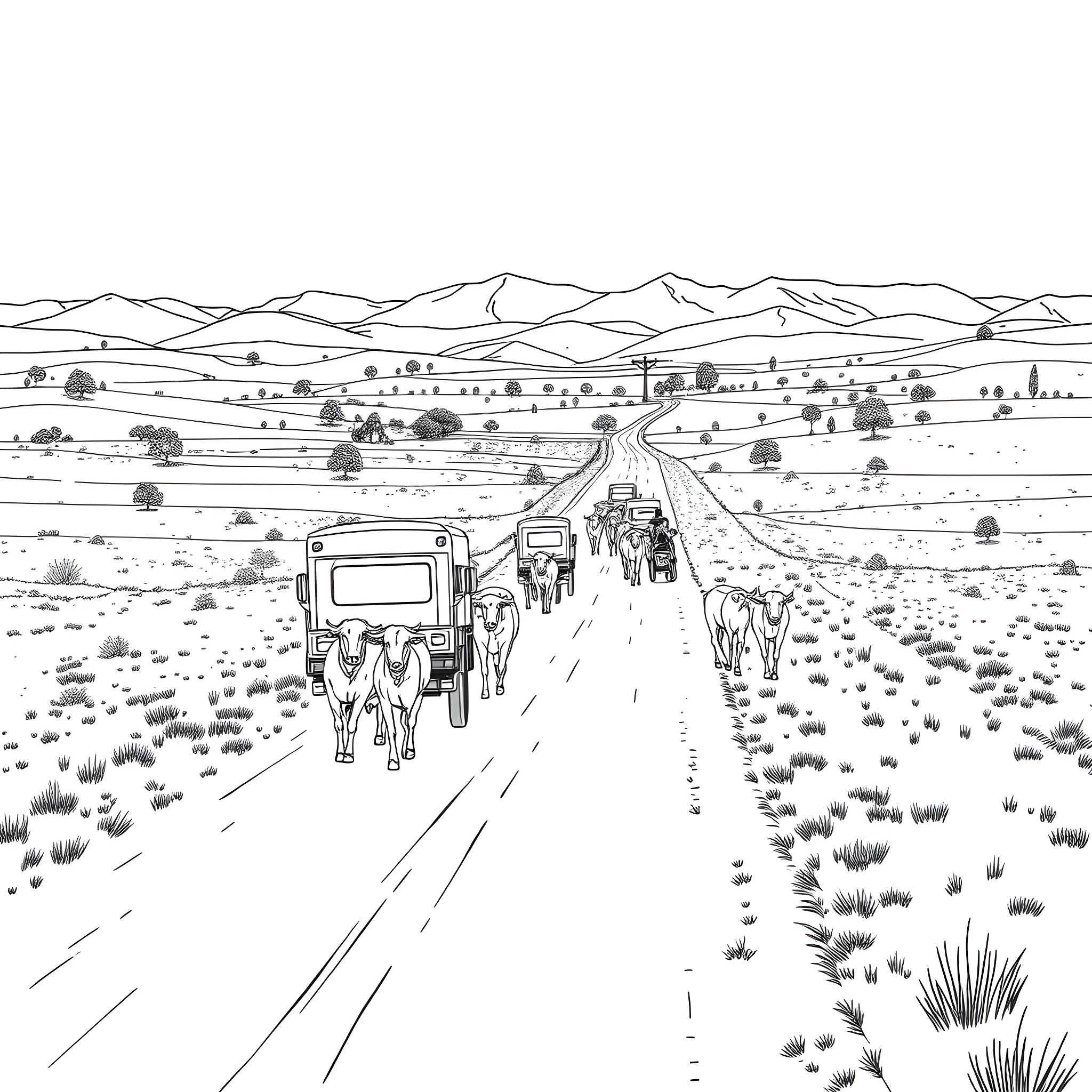 Cattle Hauler Transporting Livestock on a Rural Country Road Coloring Page (free black-and-white line drawing printable PDF for all, from beginners to advanced learners, including children, teens, adults, and seniors)